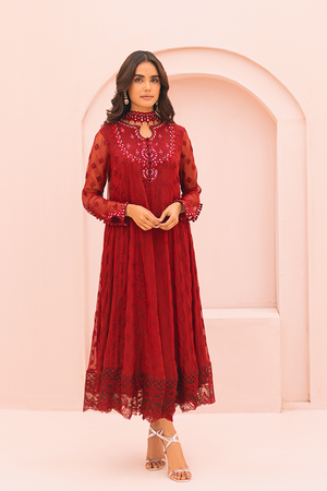 Pakistani Maroon Embroidered Chiffon Pishwas (1-Pc) - Image 1
