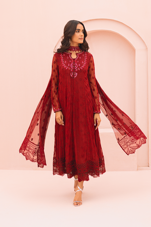 Pakistani Maroon Embroidered Chiffon Pishwas (1-Pc) - Image 2