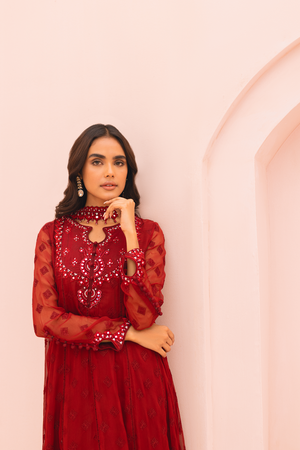 Pakistani Maroon Embroidered Chiffon Pishwas (1-Pc) - Image 5