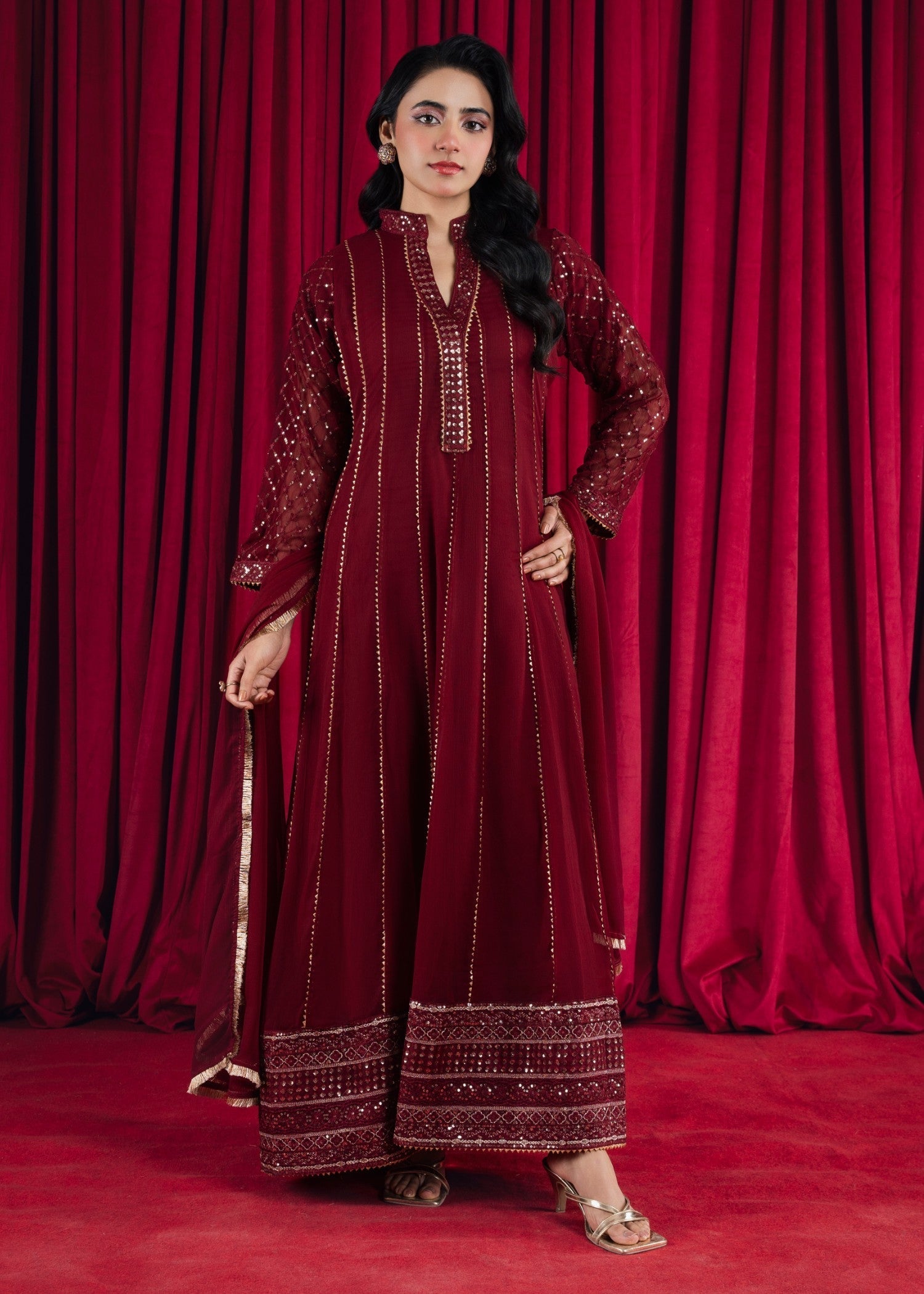 Maroon Embroidered Chiffon Pishwas Dress (3-Piece) - Image 1