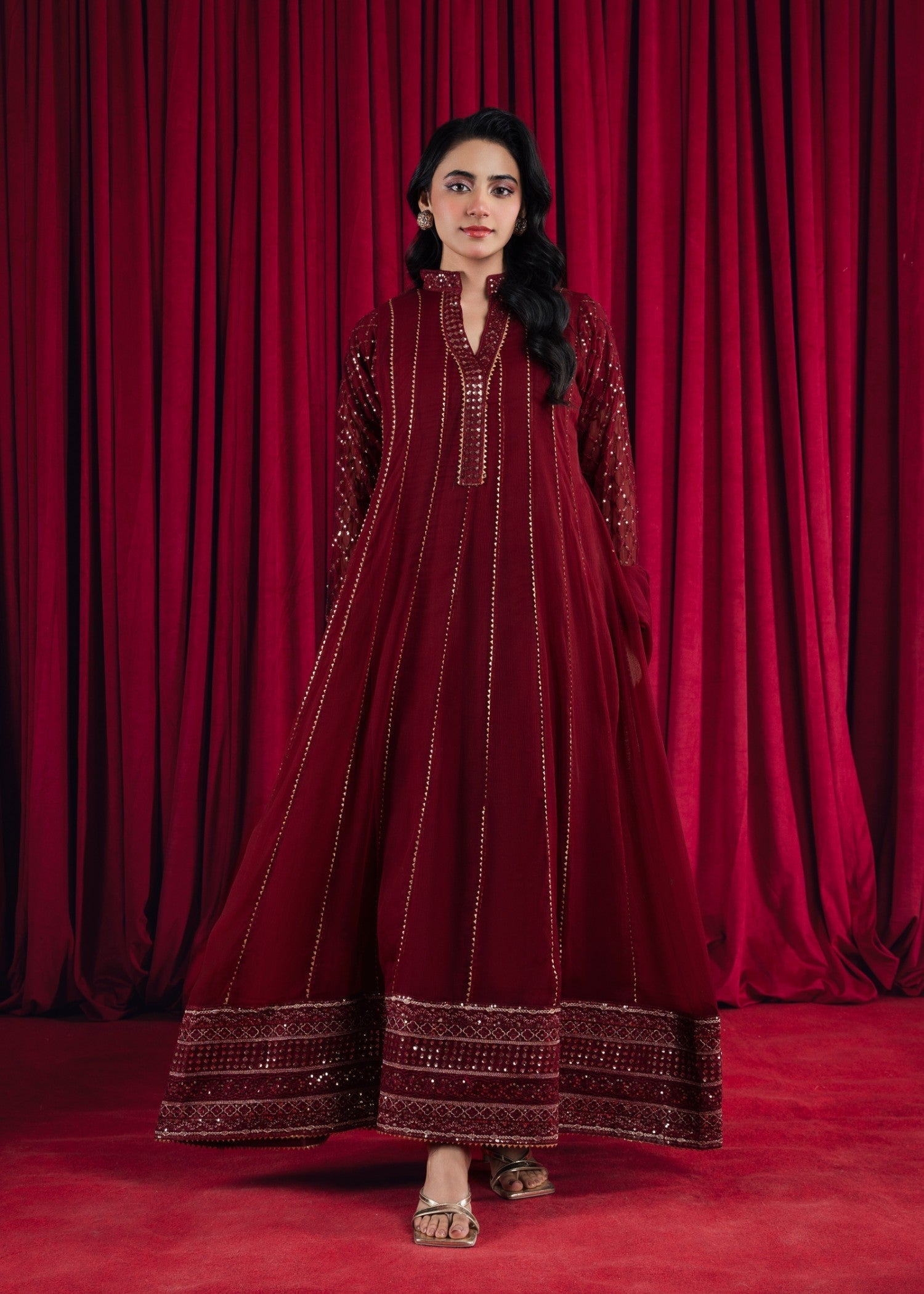 Maroon Embroidered Chiffon Pishwas Dress (3-Piece) - Image 2