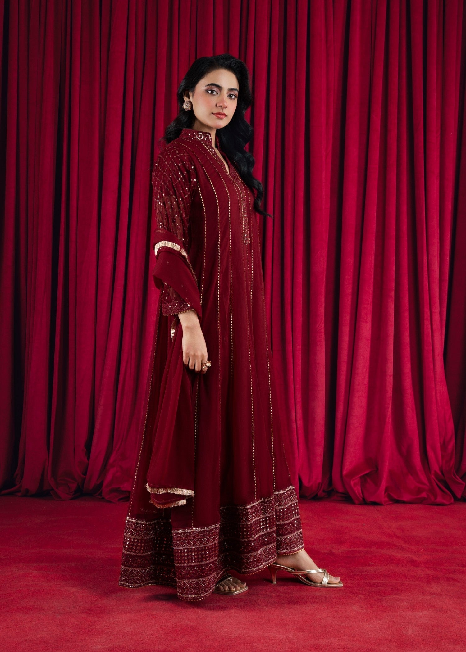 Maroon Embroidered Chiffon Pishwas Dress (3-Piece) - Image 3