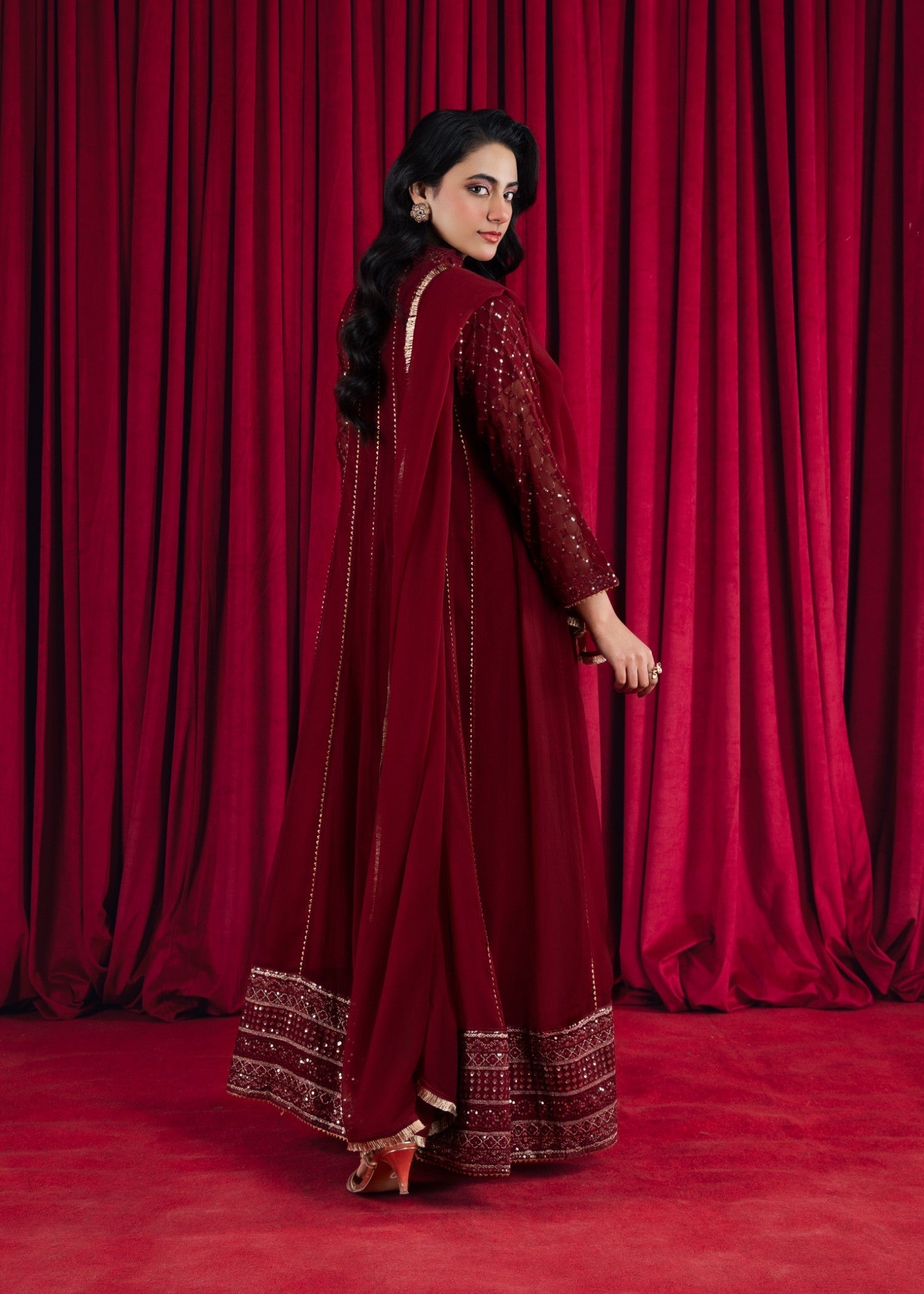 Maroon Embroidered Chiffon Pishwas Dress (3-Piece) - Image 4