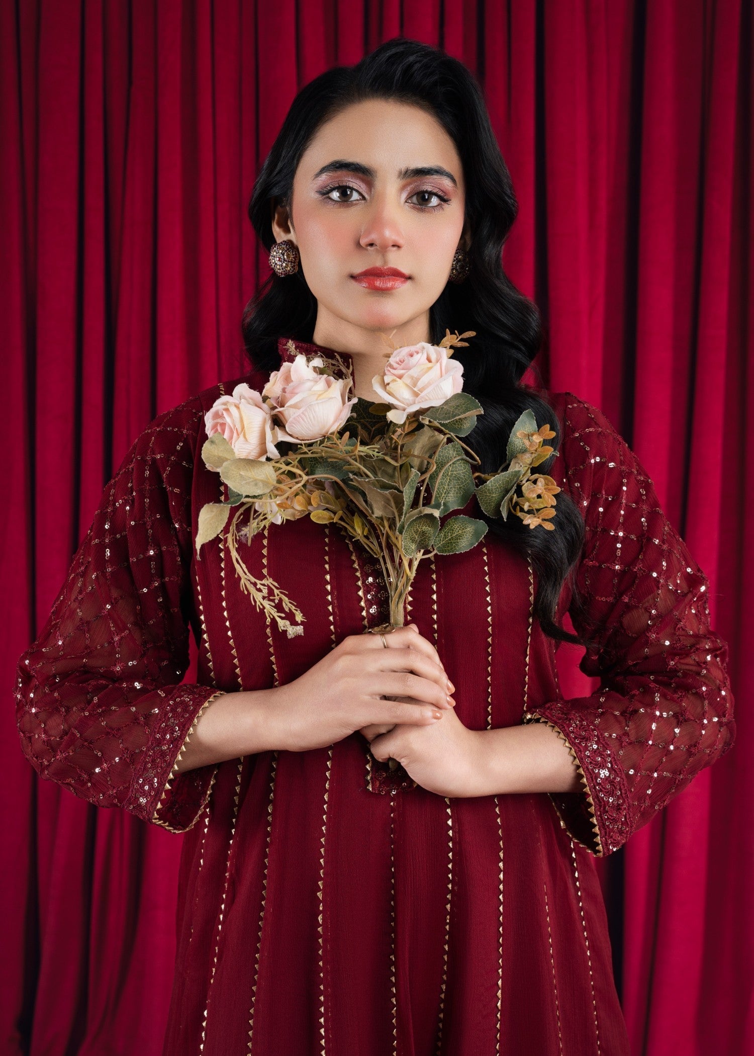 Maroon Embroidered Chiffon Pishwas Dress (3-Piece) - Image 5