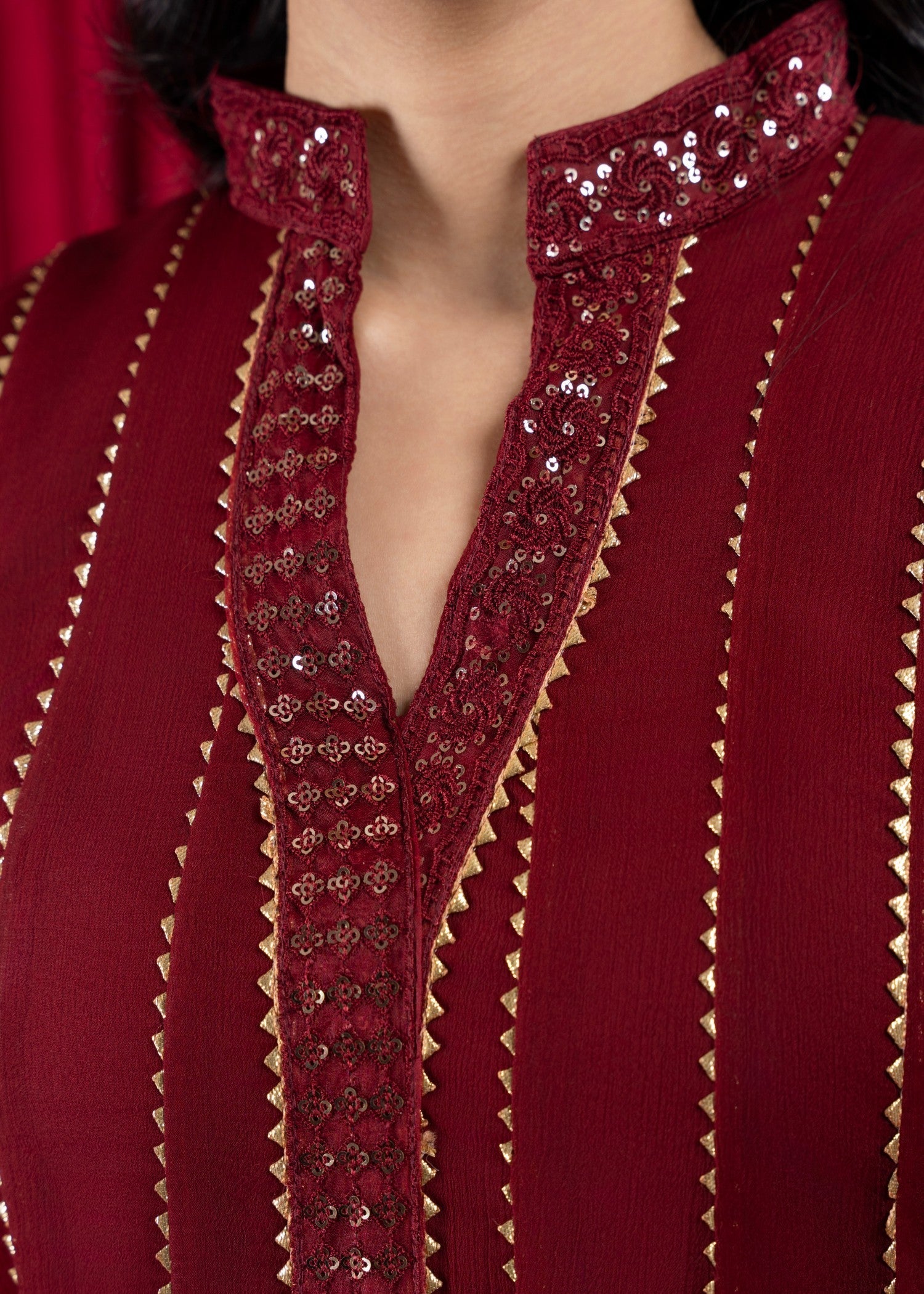 Maroon Embroidered Chiffon Pishwas Dress (3-Piece) - Image 6