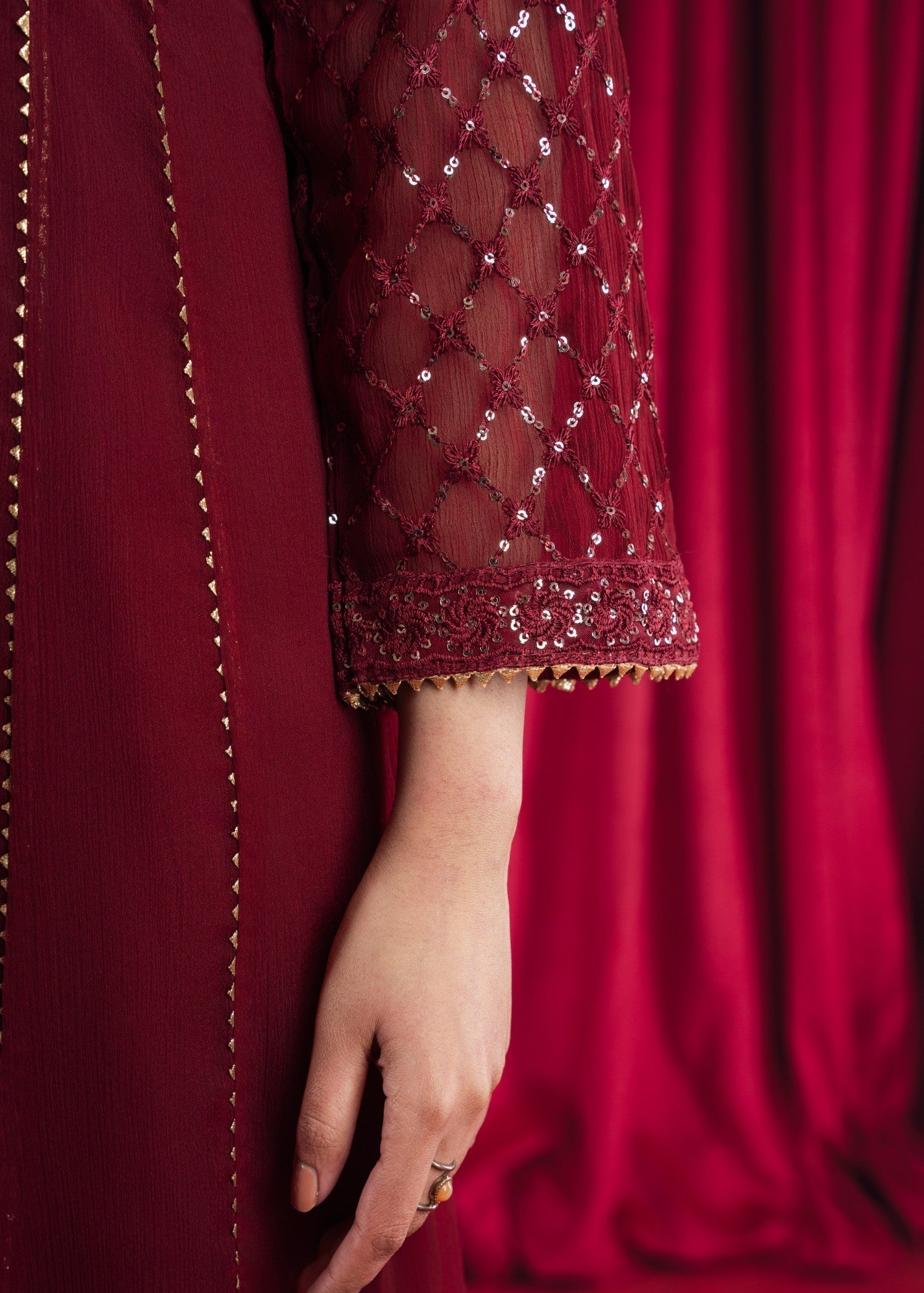 Maroon Embroidered Chiffon Pishwas Dress (3-Piece) - Image 7