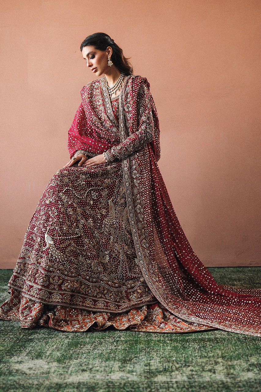 Pakistani Wine & Crimson Zardozi Cotton Net Pishwas (3-Piece) - Image 1