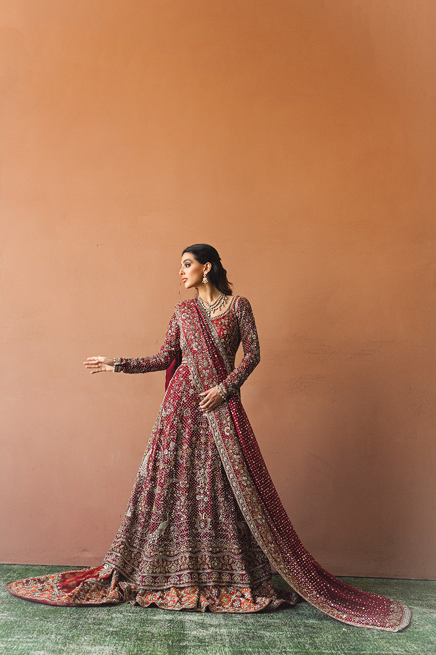 Pakistani Wine & Crimson Zardozi Cotton Net Pishwas (3-Piece) - Image 10