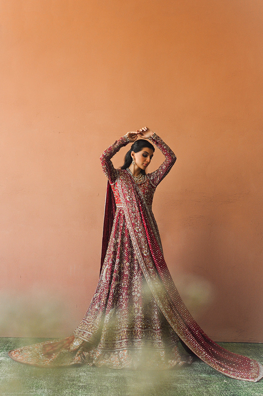 Pakistani Wine & Crimson Zardozi Cotton Net Pishwas (3-Piece) - Image 12