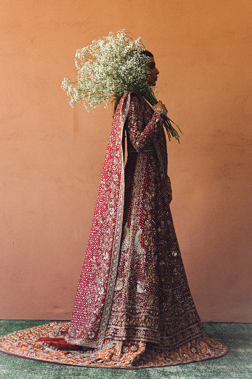 Pakistani Wine & Crimson Zardozi Cotton Net Pishwas (3-Piece) - Image 13