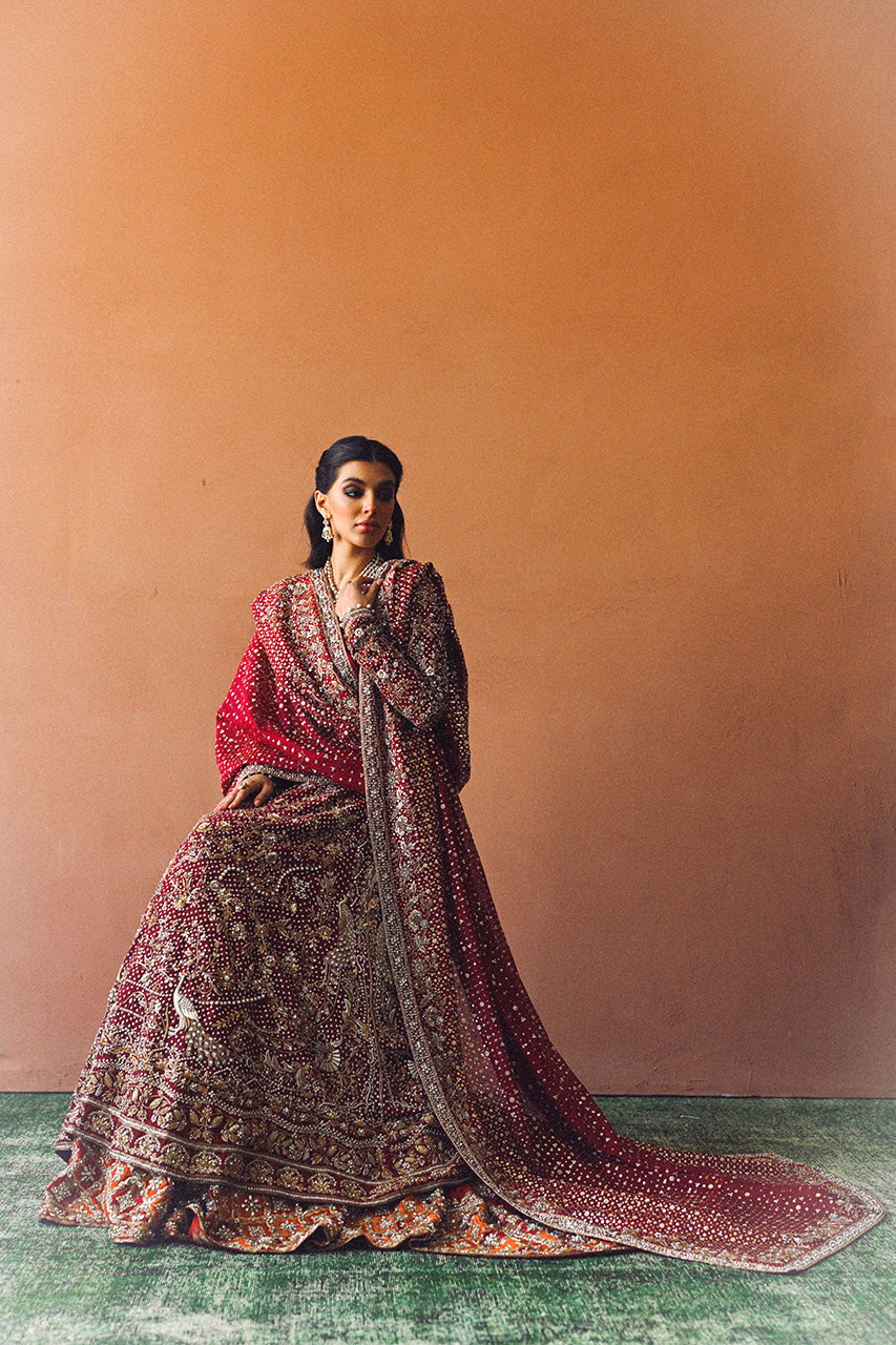 Pakistani Wine & Crimson Zardozi Cotton Net Pishwas (3-Piece) - Image 15