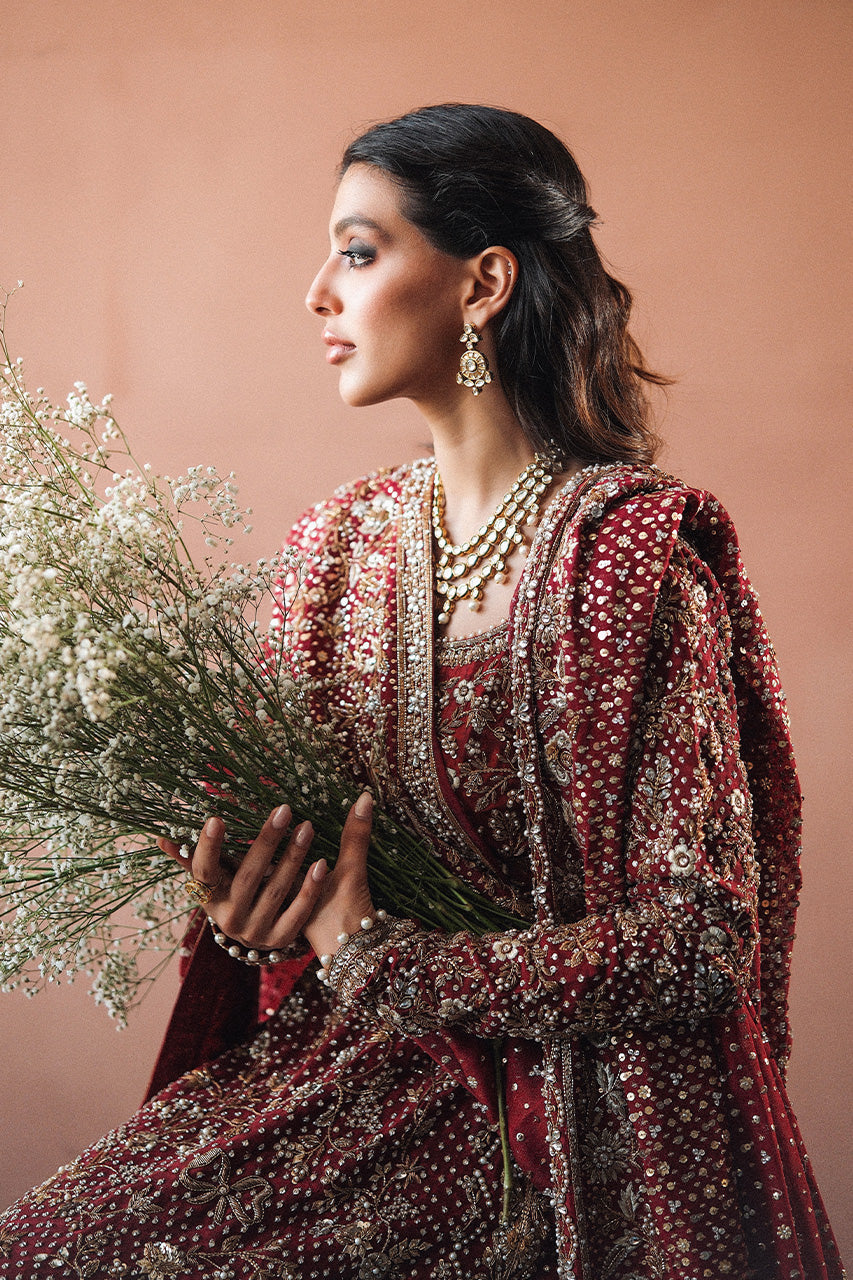 Pakistani Wine & Crimson Zardozi Cotton Net Pishwas (3-Piece) - Image 2