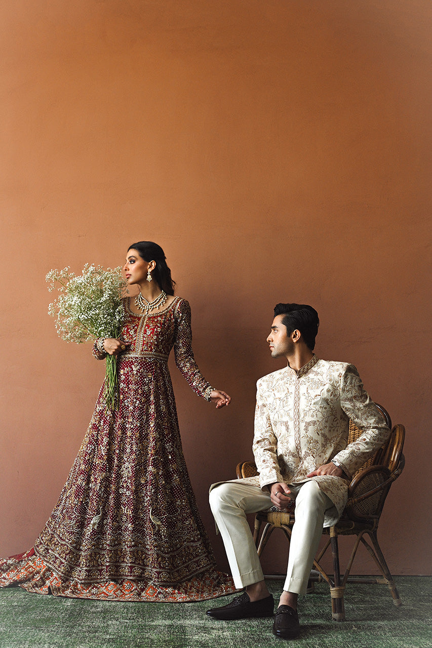 Pakistani Wine & Crimson Zardozi Cotton Net Pishwas (3-Piece) - Image 7