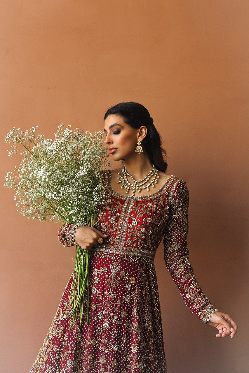 Pakistani Wine & Crimson Zardozi Cotton Net Pishwas (3-Piece) - Image 8