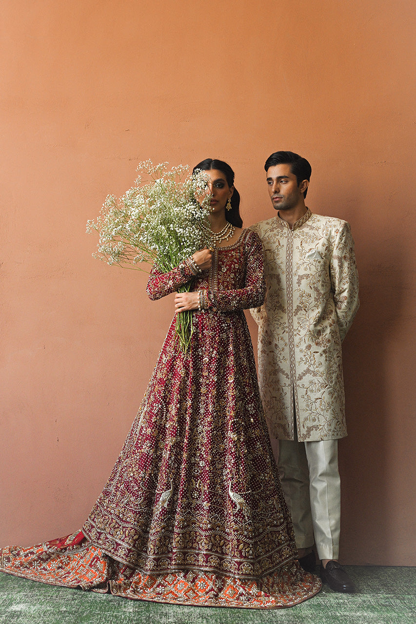 Pakistani Wine & Crimson Zardozi Cotton Net Pishwas (3-Piece) - Image 9