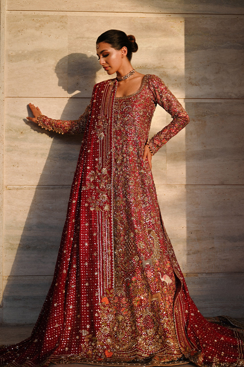Pakistani Deep Burgundy Embroidered Cotton Net & Brocade Pishwas (2-Piece) - Image 1