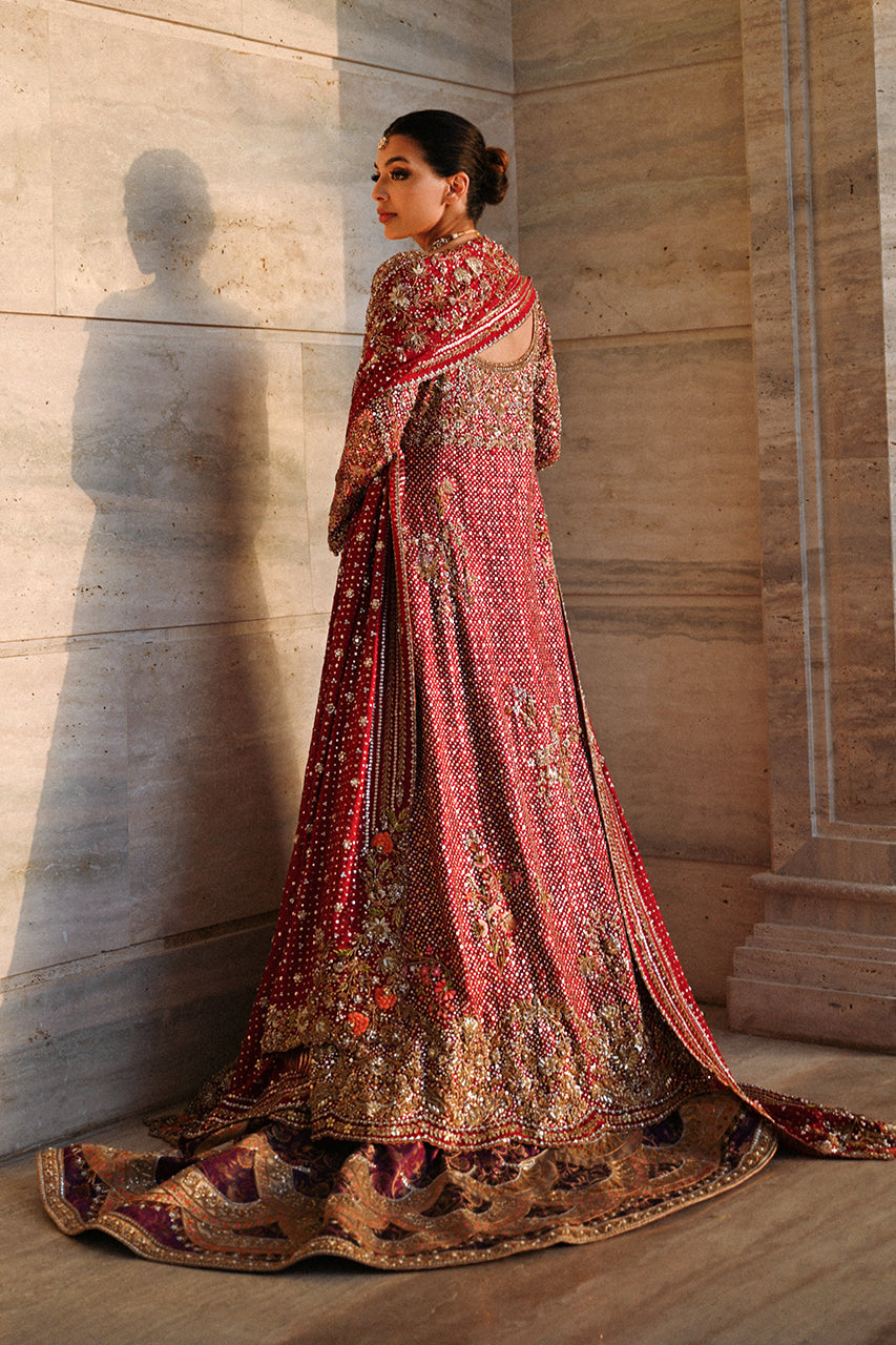 Pakistani Deep Burgundy Embroidered Cotton Net & Brocade Pishwas (2-Piece) - Image 2