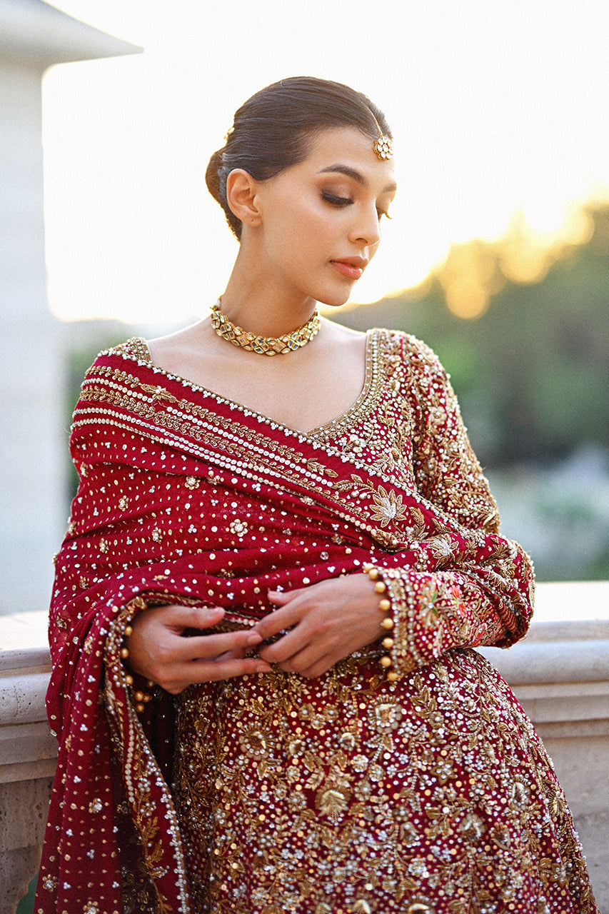 Pakistani Deep Burgundy Embroidered Cotton Net & Brocade Pishwas (2-Piece) - Image 3