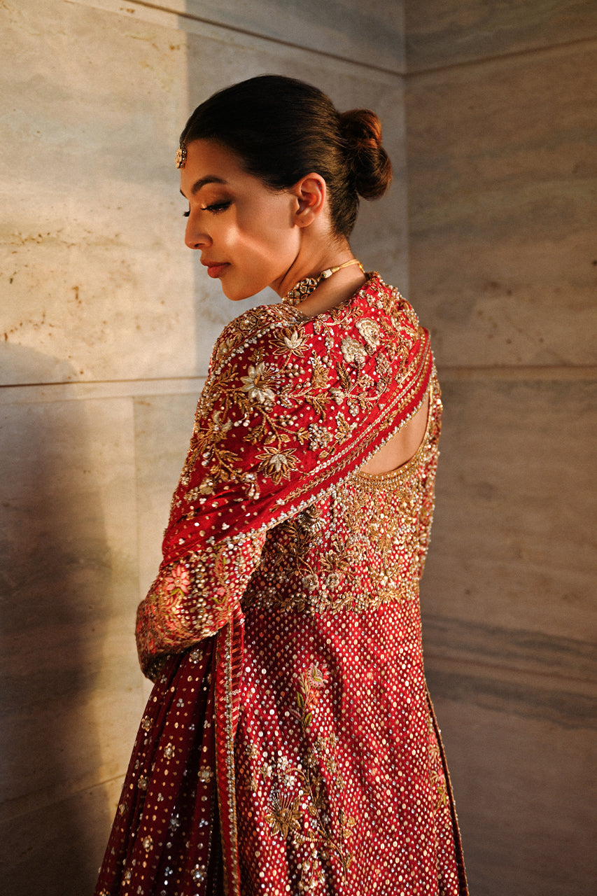 Pakistani Deep Burgundy Embroidered Cotton Net & Brocade Pishwas (2-Piece) - Image 4