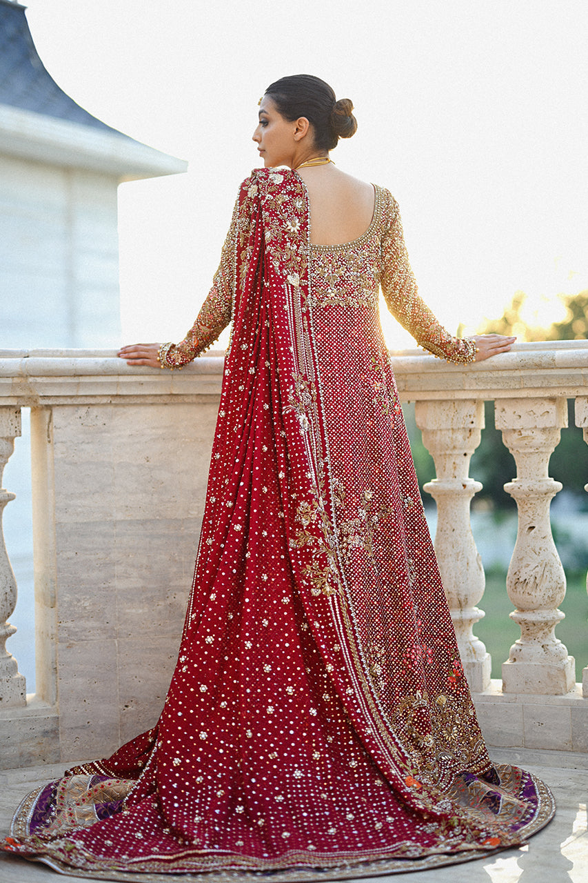 Pakistani Deep Burgundy Embroidered Cotton Net & Brocade Pishwas (2-Piece) - Image 5