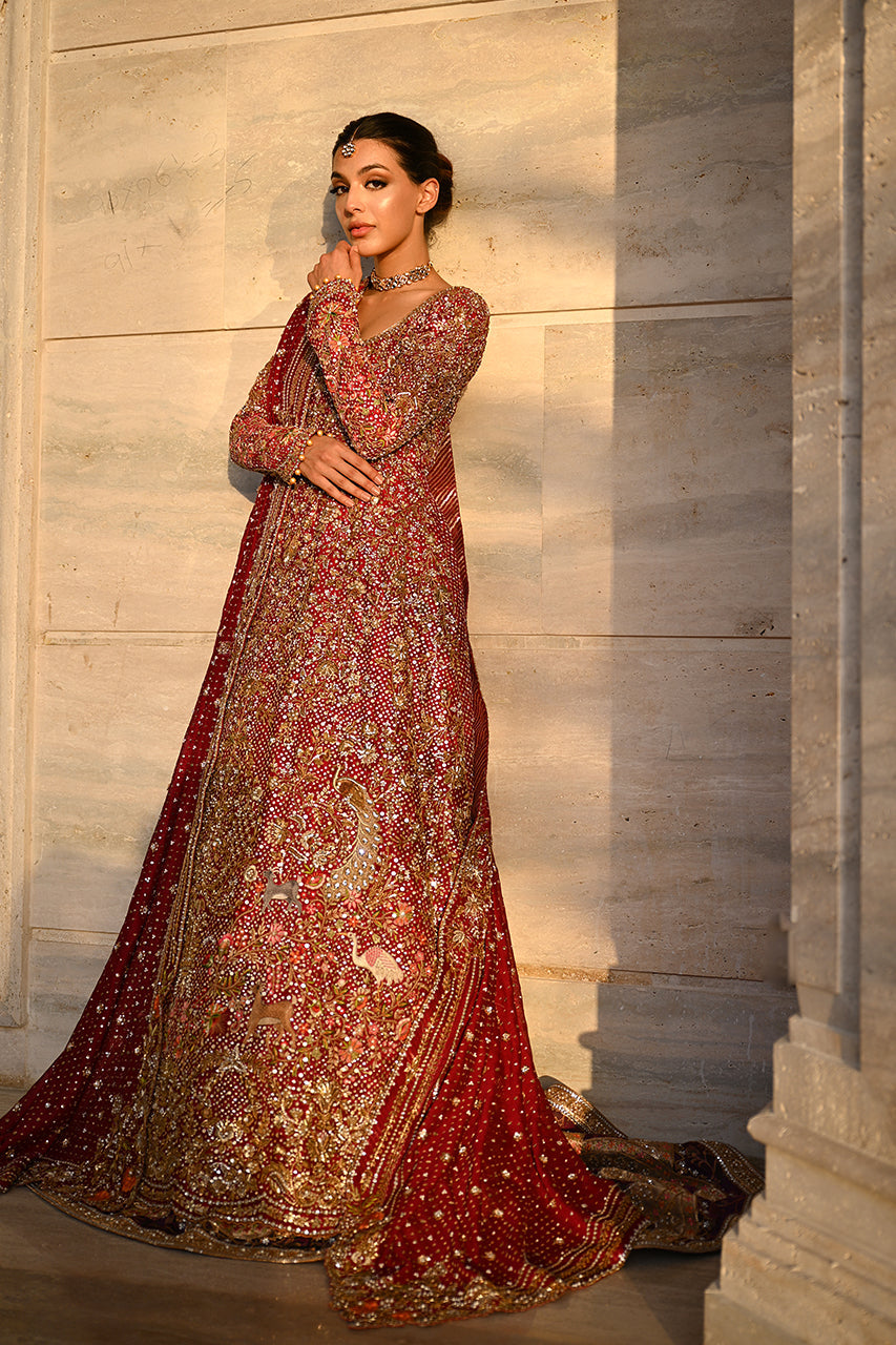 Pakistani Deep Burgundy Embroidered Cotton Net & Brocade Pishwas (2-Piece) - Image 6