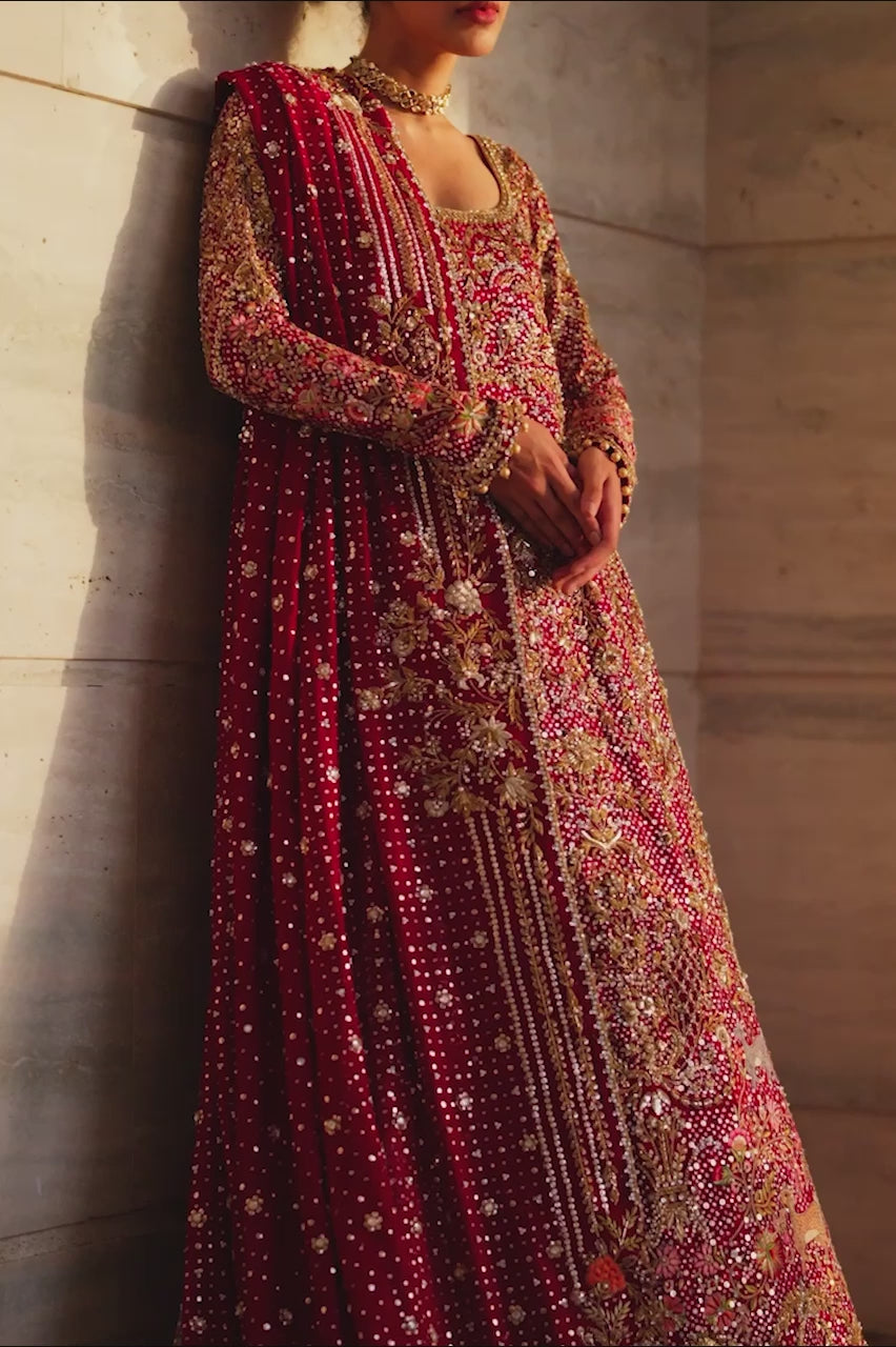 Pakistani Deep Burgundy Embroidered Cotton Net & Brocade Pishwas (2-Piece) - Image 7