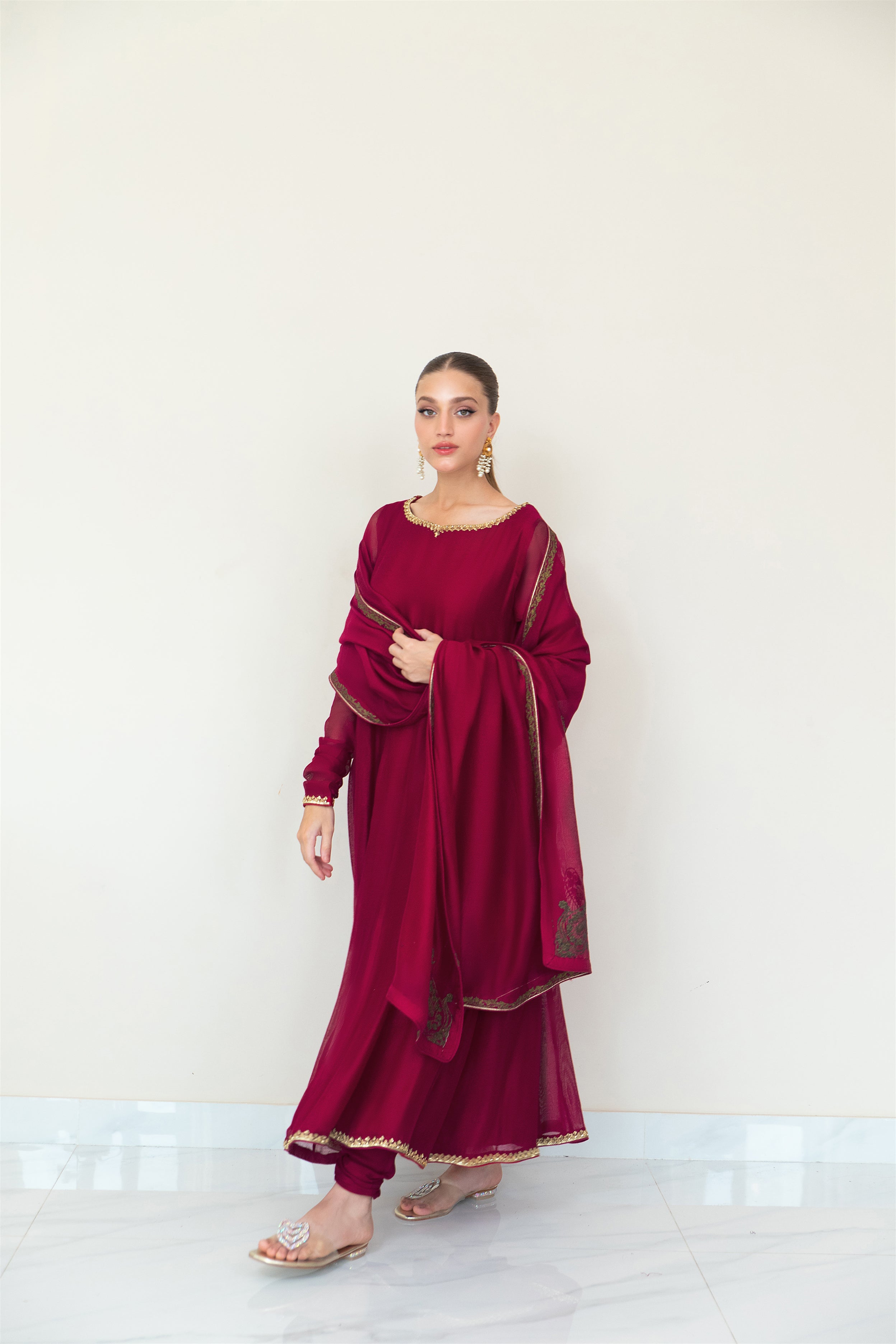 Pakistani Maroon Zari Embroidered Cotton Net Pishwas (3-Piece) - Image 1