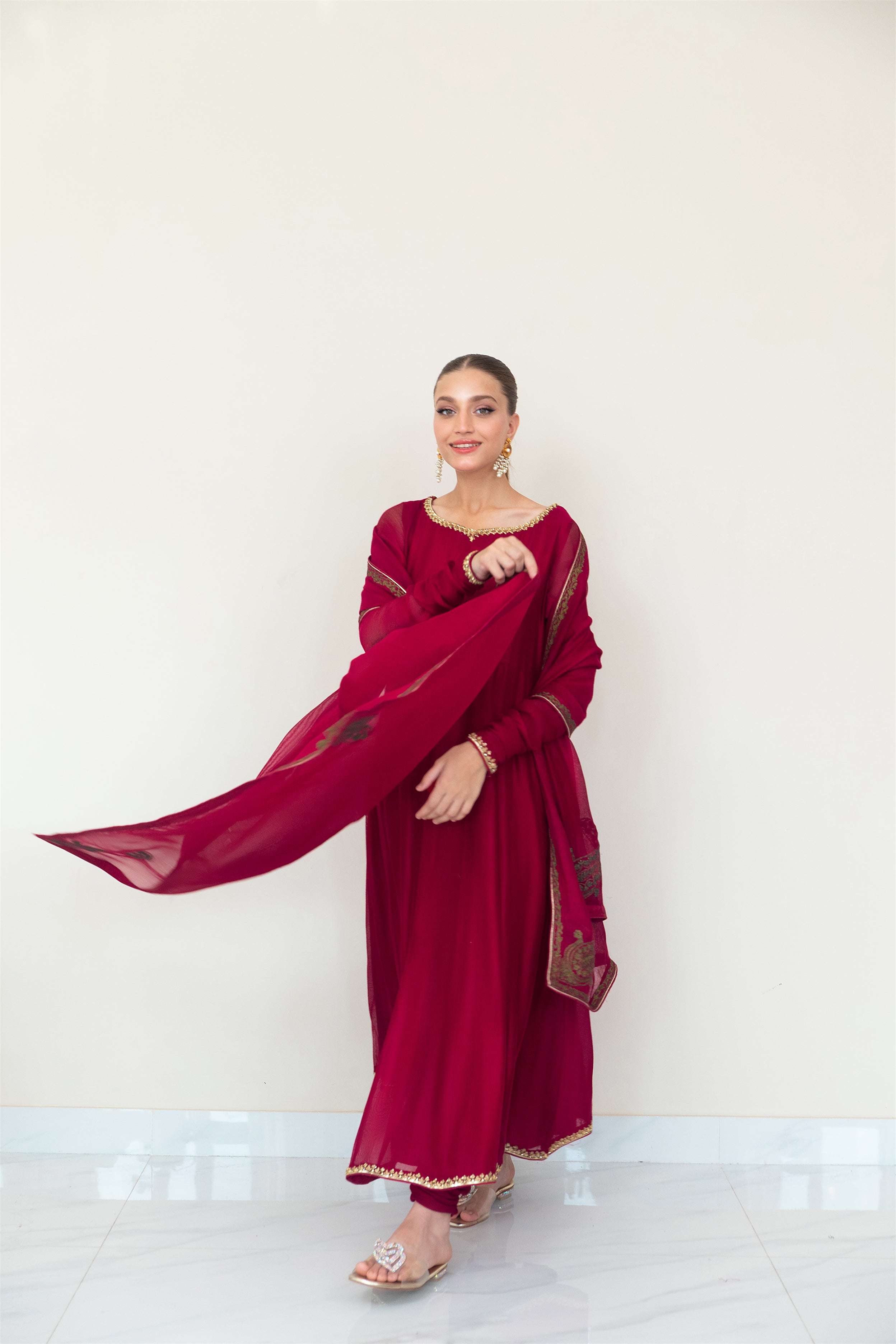 Pakistani Maroon Zari Embroidered Cotton Net Pishwas (3-Piece) - Image 2