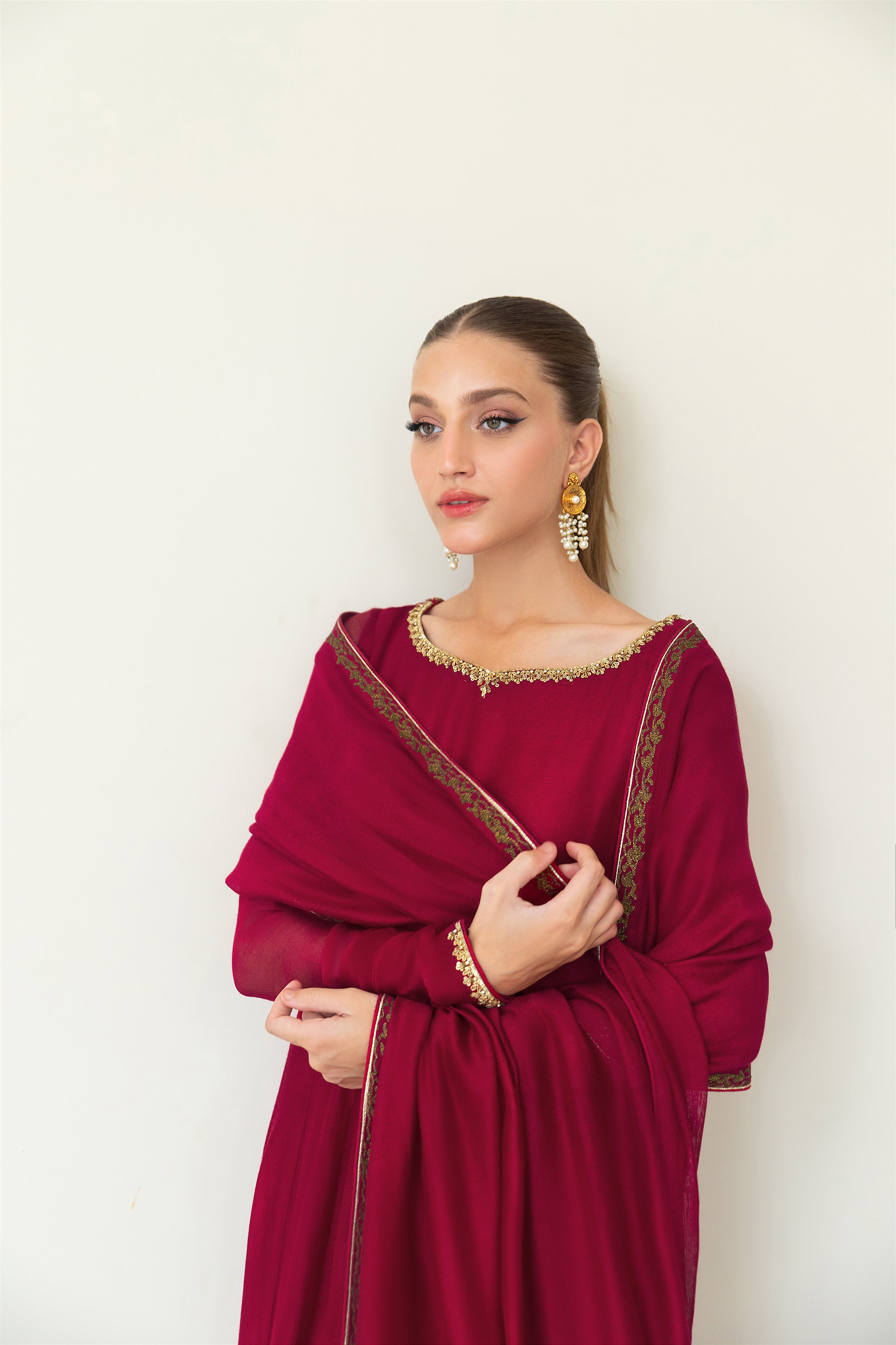 Pakistani Maroon Zari Embroidered Cotton Net Pishwas (3-Piece) - Image 4