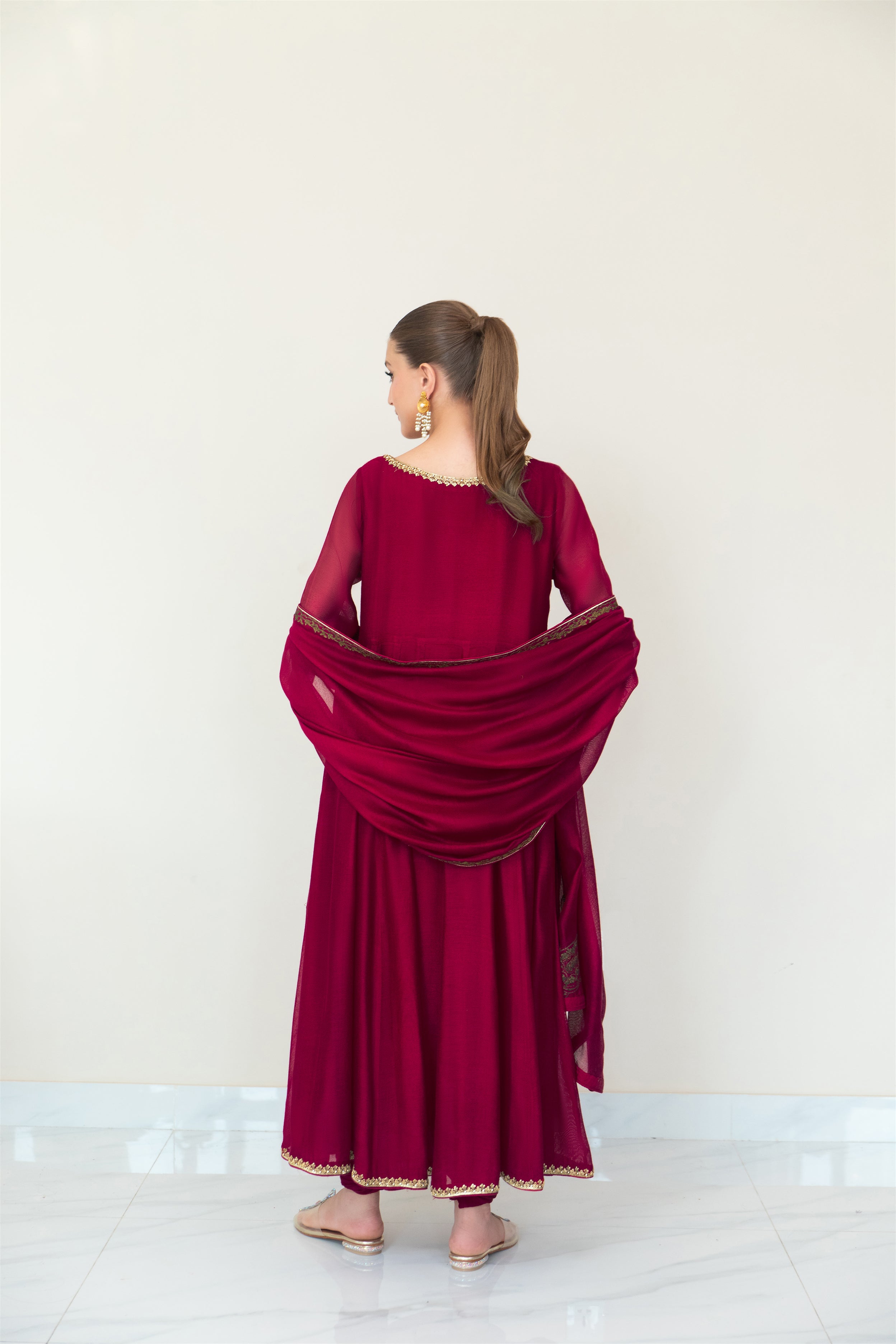 Pakistani Maroon Zari Embroidered Cotton Net Pishwas (3-Piece) - Image 5