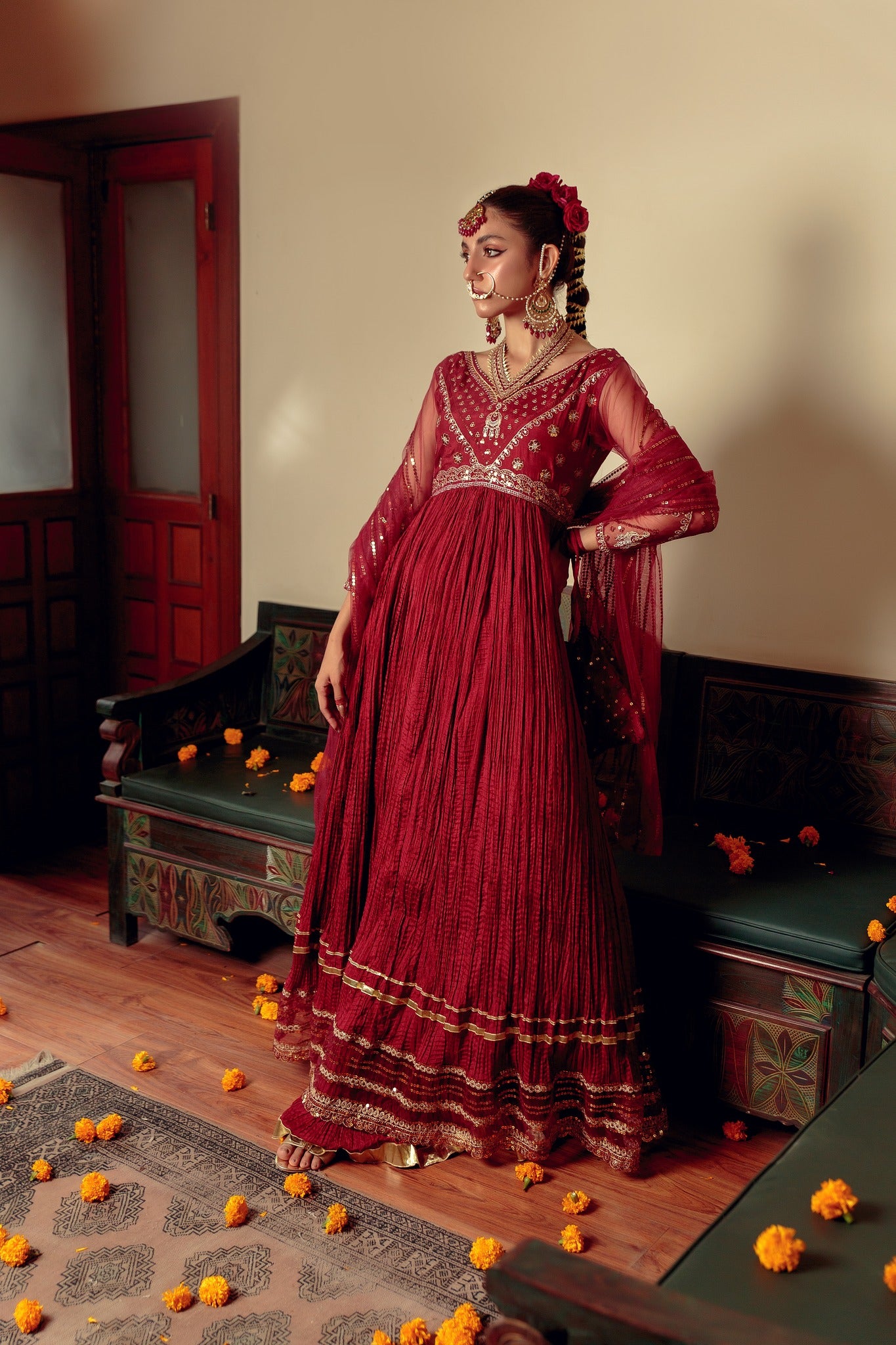 Maroon Zari Embroidered Cotton Silk Pishwas (3-Piece) - Image 1