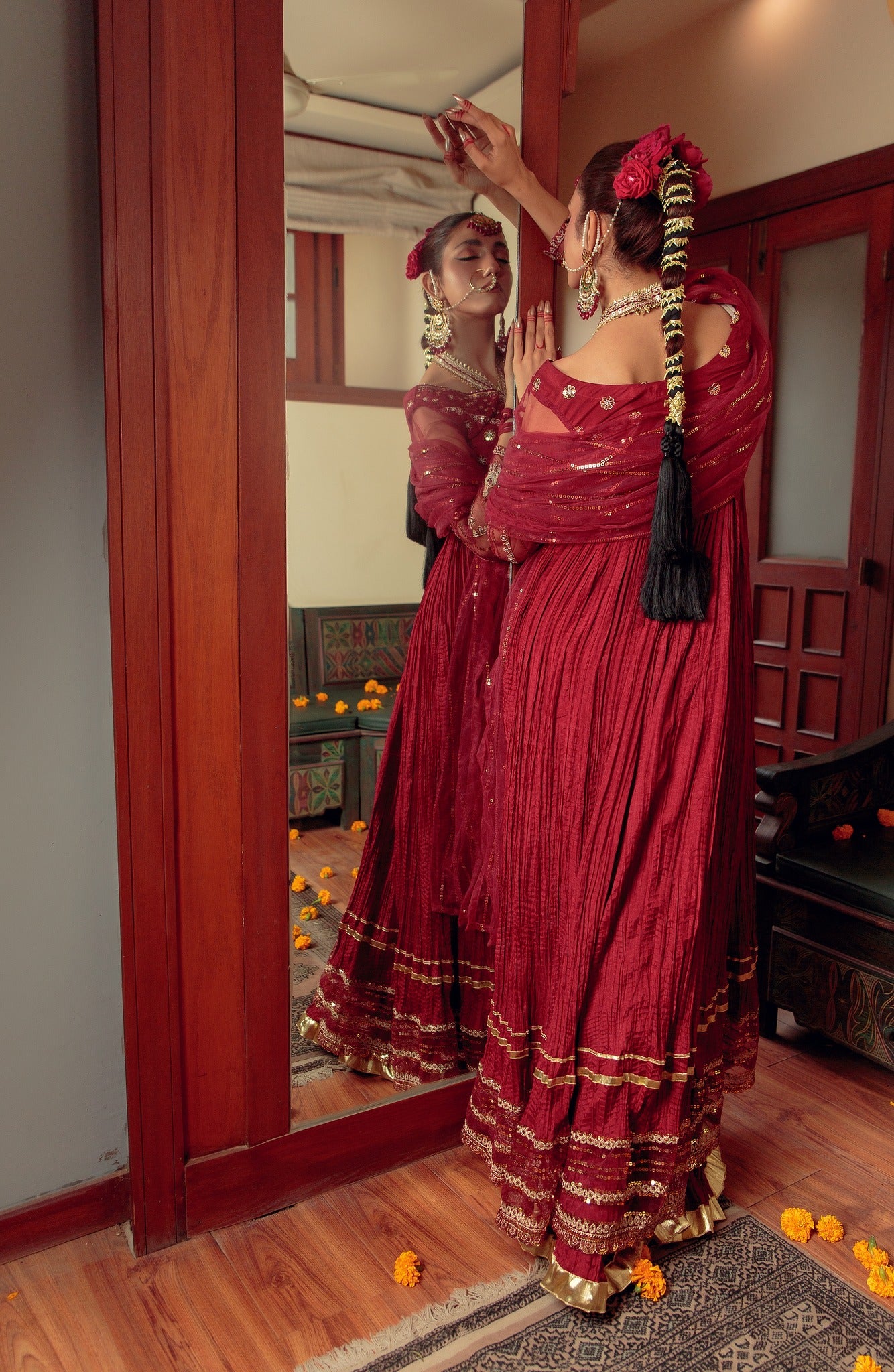 Maroon Zari Embroidered Cotton Silk Pishwas (3-Piece) - Image 10