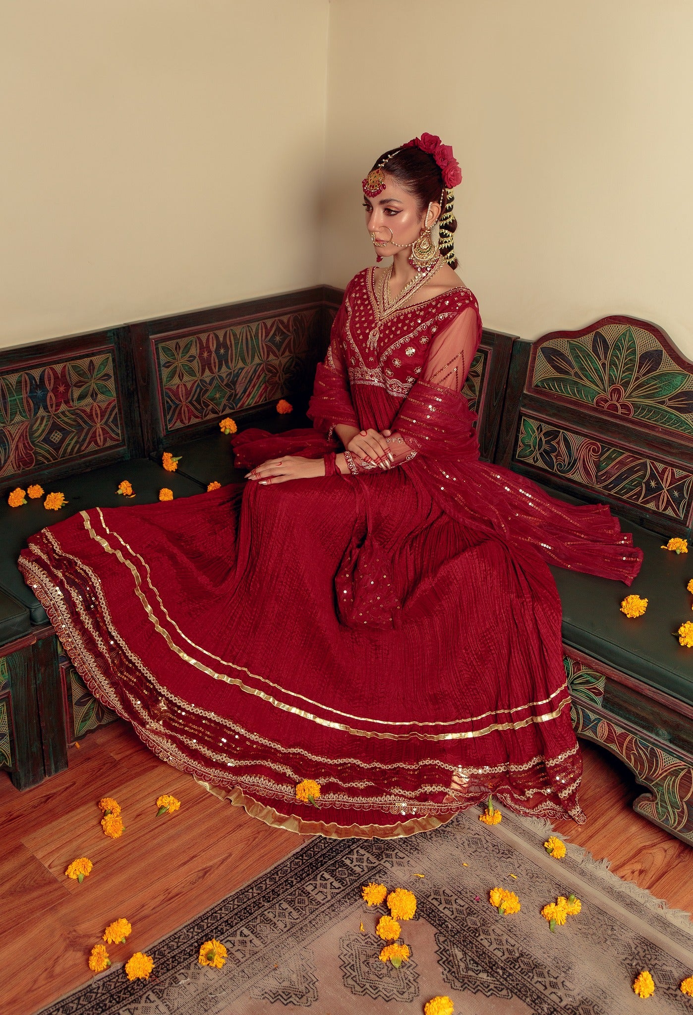 Maroon Zari Embroidered Cotton Silk Pishwas (3-Piece) - Image 11