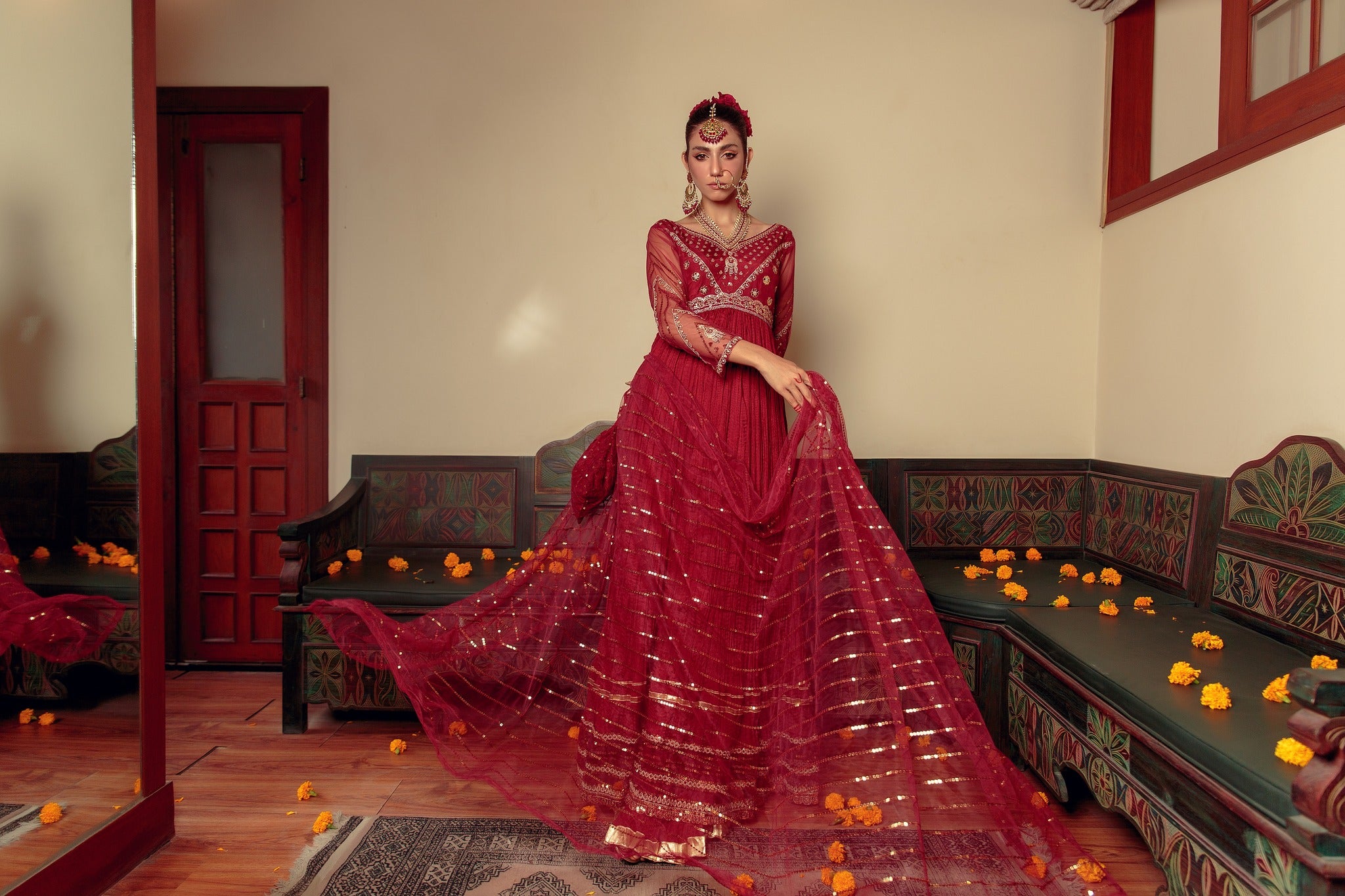 Maroon Zari Embroidered Cotton Silk Pishwas (3-Piece) - Image 12