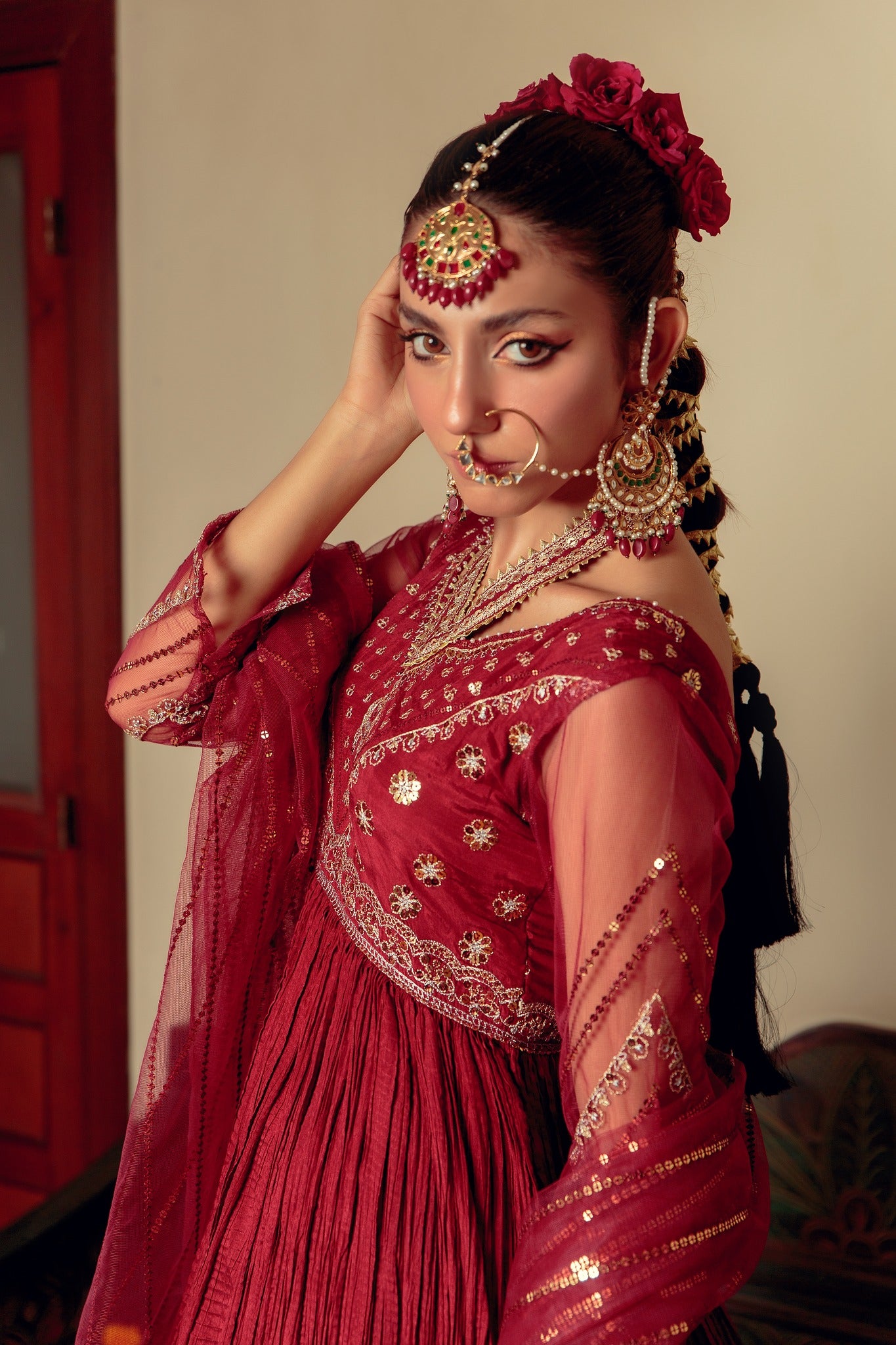 Maroon Zari Embroidered Cotton Silk Pishwas (3-Piece) - Image 2