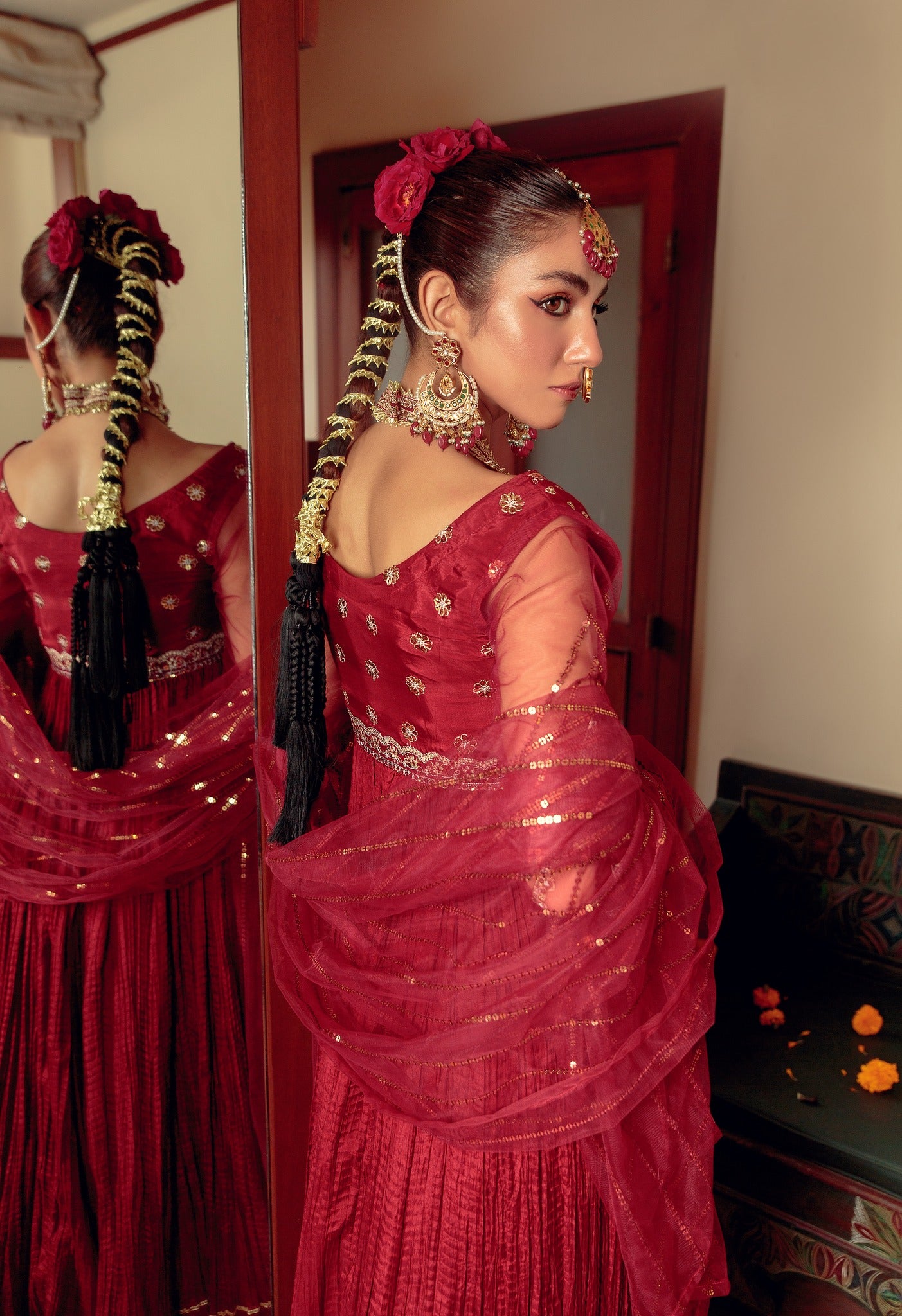 Maroon Zari Embroidered Cotton Silk Pishwas (3-Piece) - Image 3