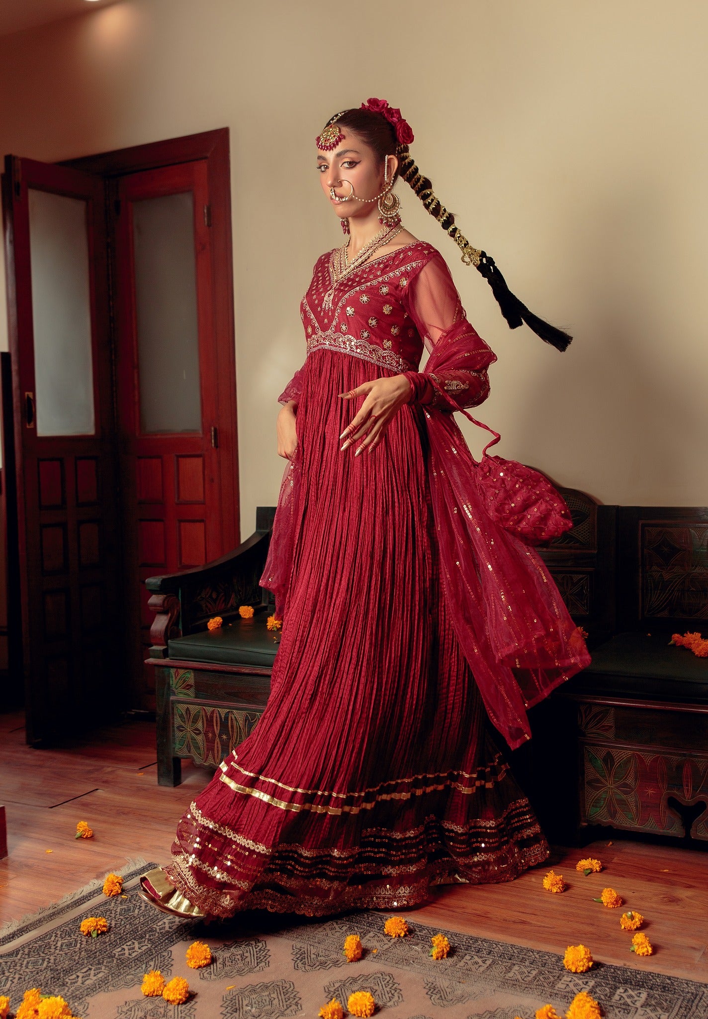 Maroon Zari Embroidered Cotton Silk Pishwas (3-Piece) - Image 4