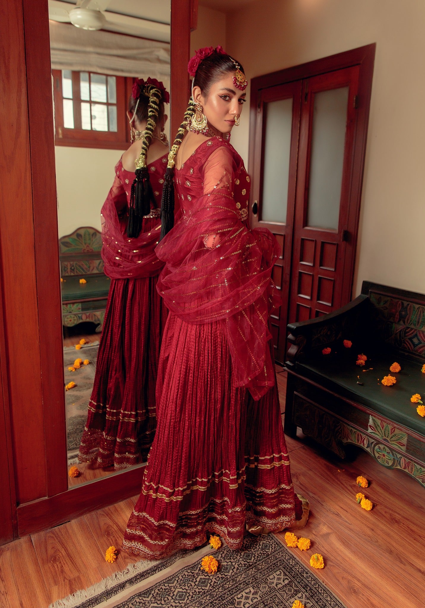 Maroon Zari Embroidered Cotton Silk Pishwas (3-Piece) - Image 5