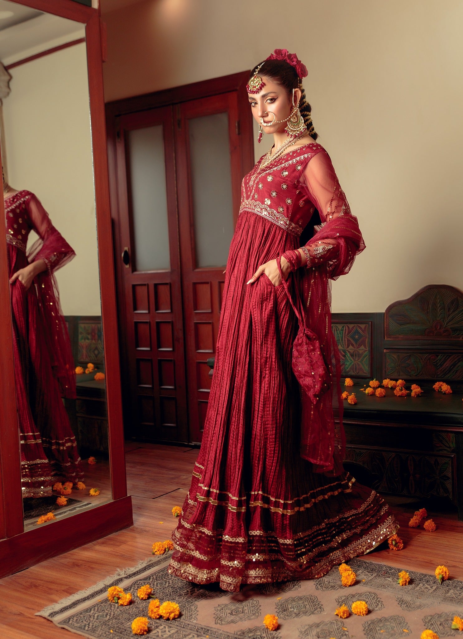 Maroon Zari Embroidered Cotton Silk Pishwas (3-Piece) - Image 6