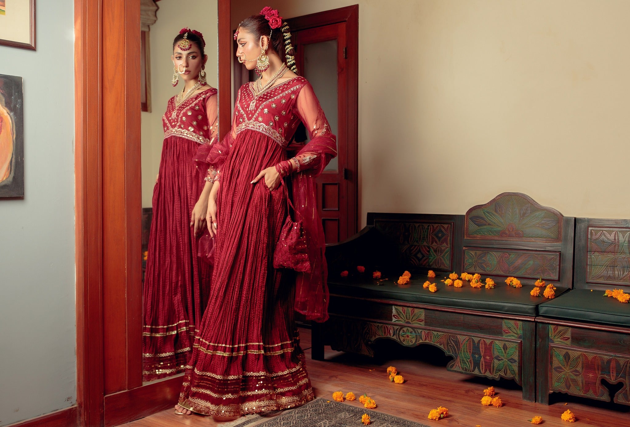 Maroon Zari Embroidered Cotton Silk Pishwas (3-Piece) - Image 7