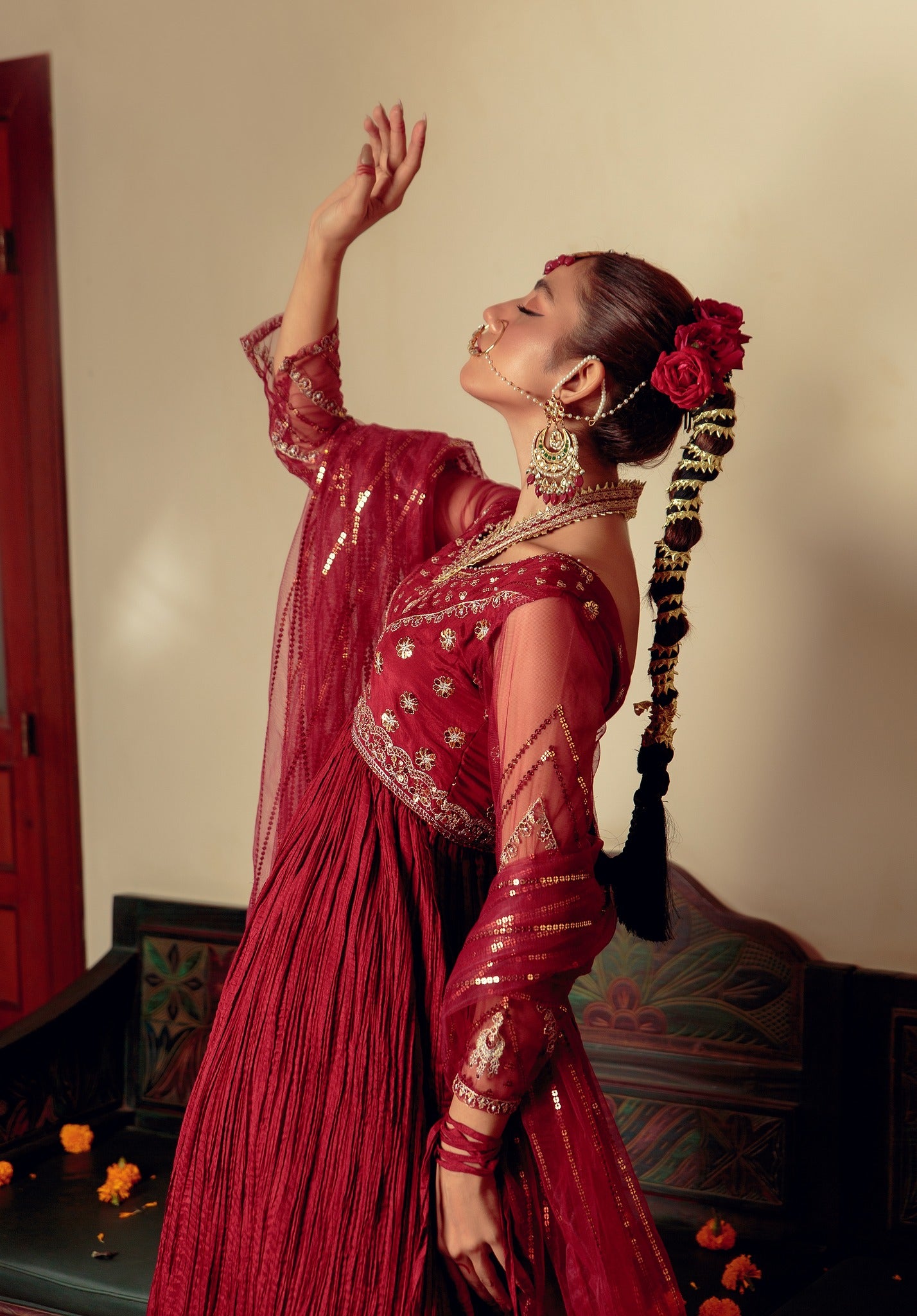 Maroon Zari Embroidered Cotton Silk Pishwas (3-Piece) - Image 8