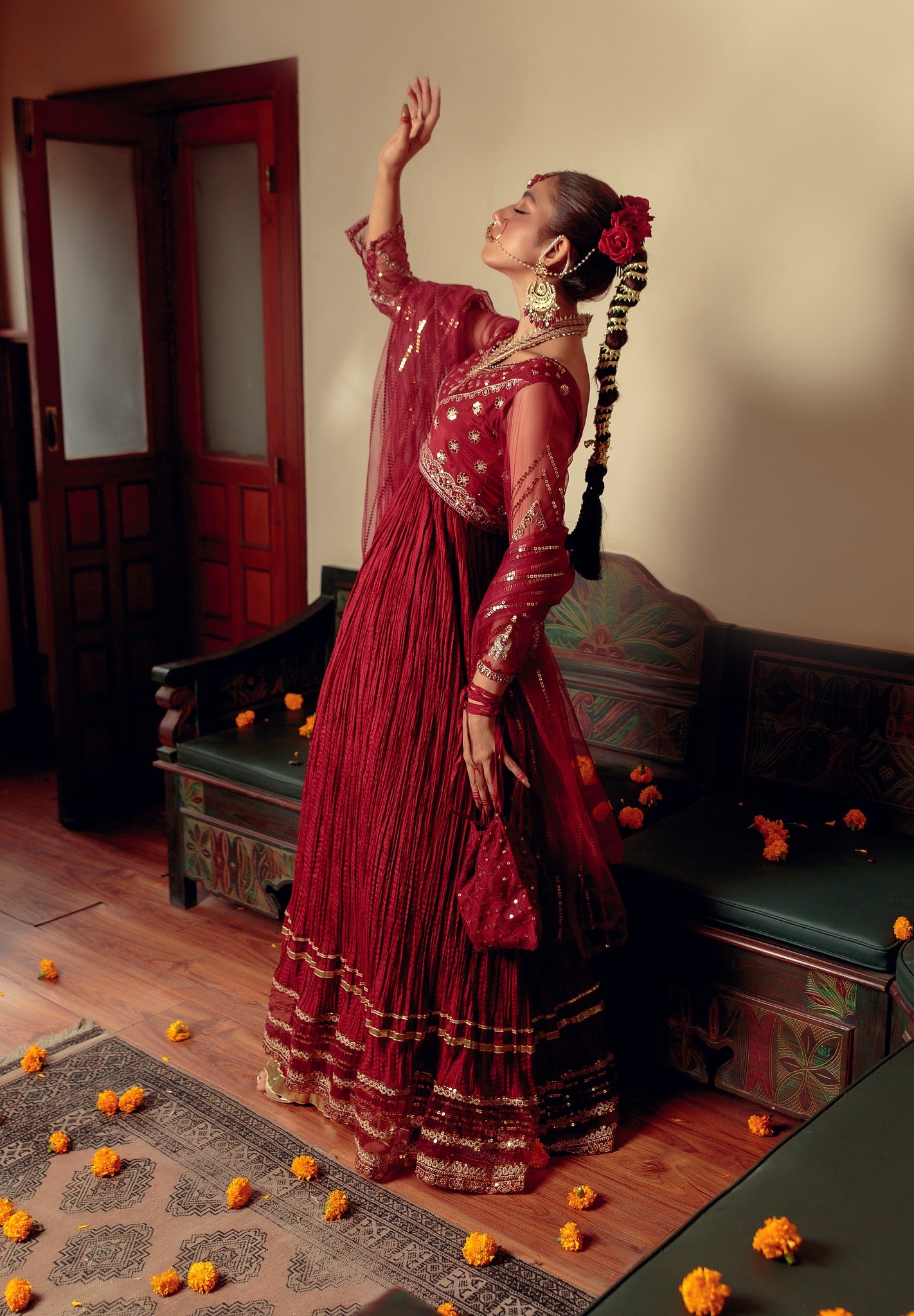 Maroon Zari Embroidered Cotton Silk Pishwas (3-Piece) - Image 9