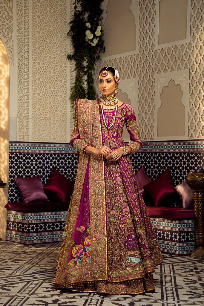 Wine Hand-Embroidered Jamawar Pishwas & Lehnga (3-Piece) - Image 1