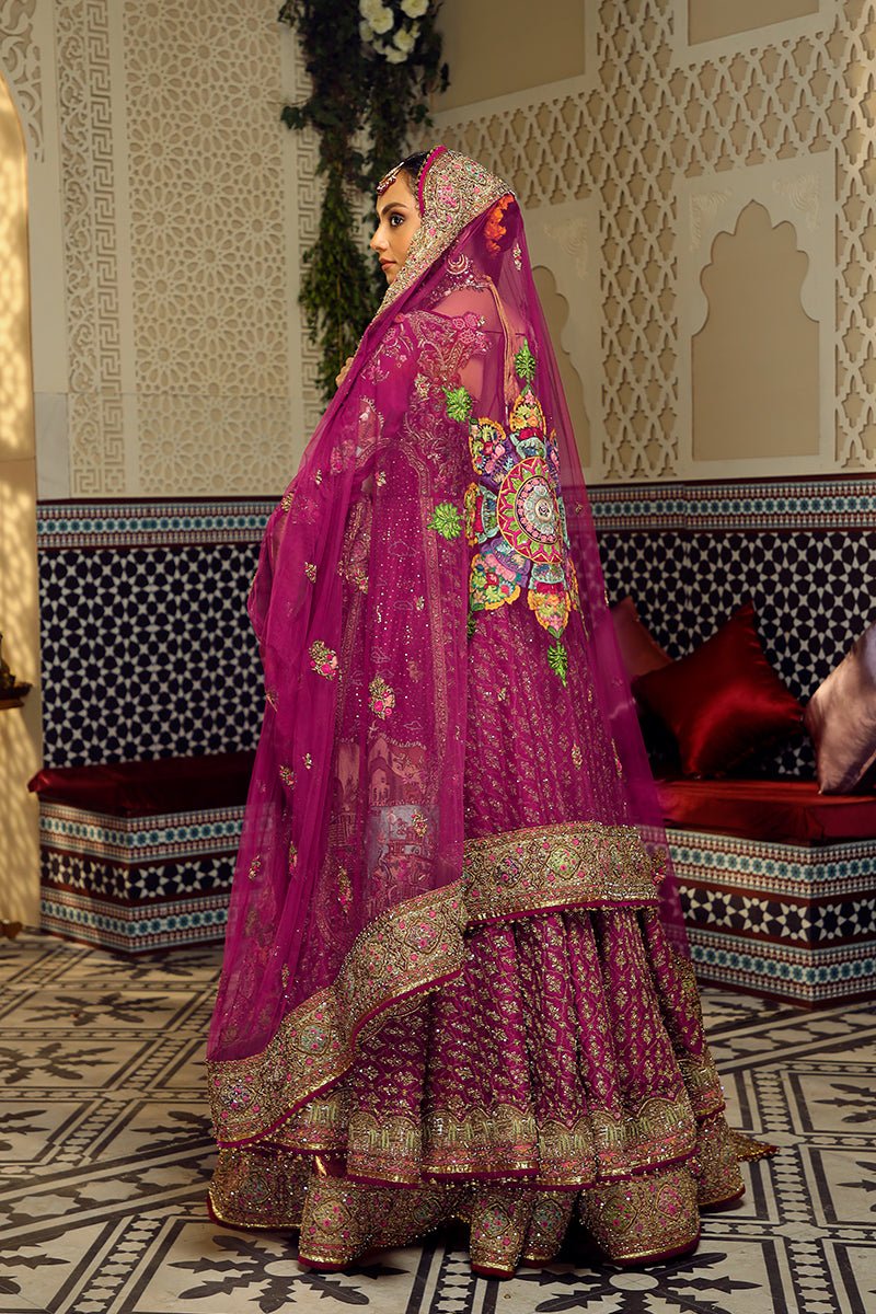 Wine Hand-Embroidered Jamawar Pishwas & Lehnga (3-Piece) - Image 8