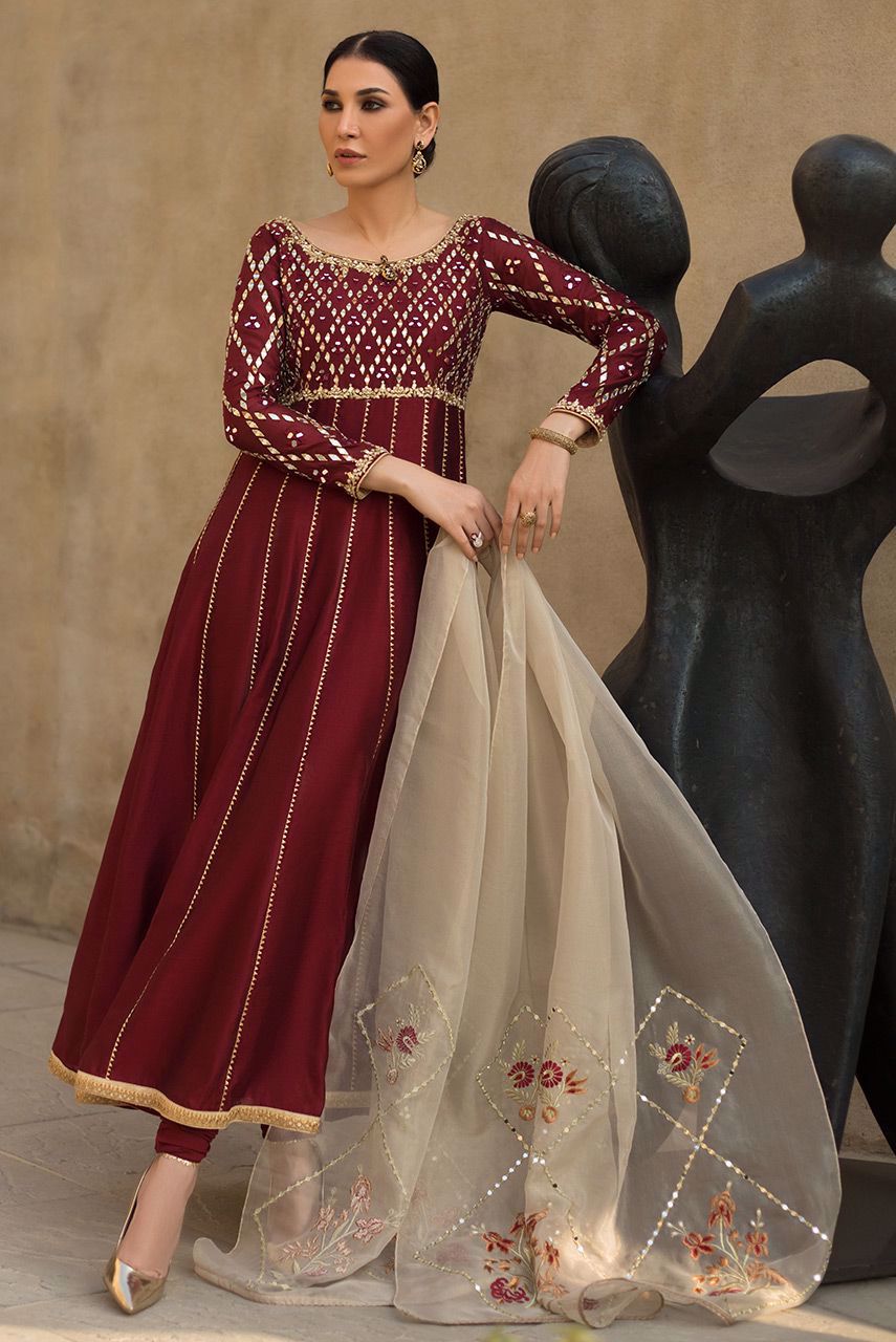 Maroon Mirror Work Khaddi Net Pishwas (3-Piece) - Image 1