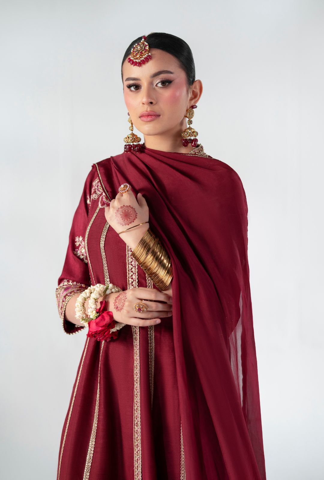 Pakistani Deep Maroon Embroidered Korean Raw Silk Pishwas (3-Piece) - Image 3