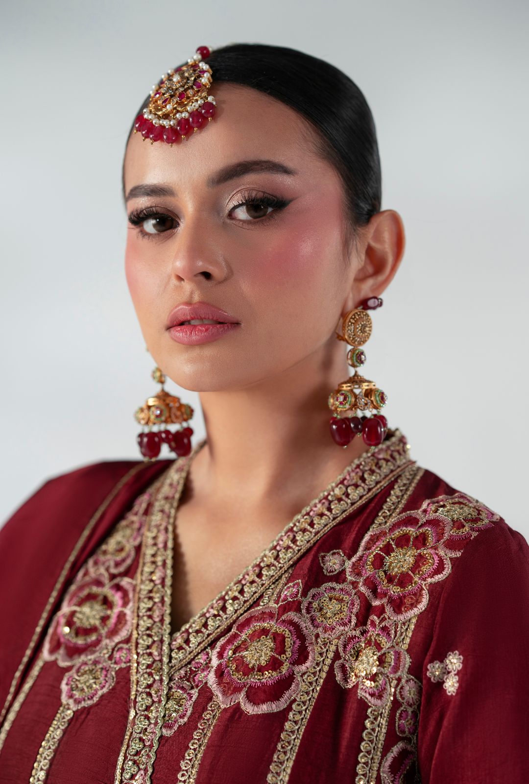 Pakistani Deep Maroon Embroidered Korean Raw Silk Pishwas (3-Piece) - Image 6