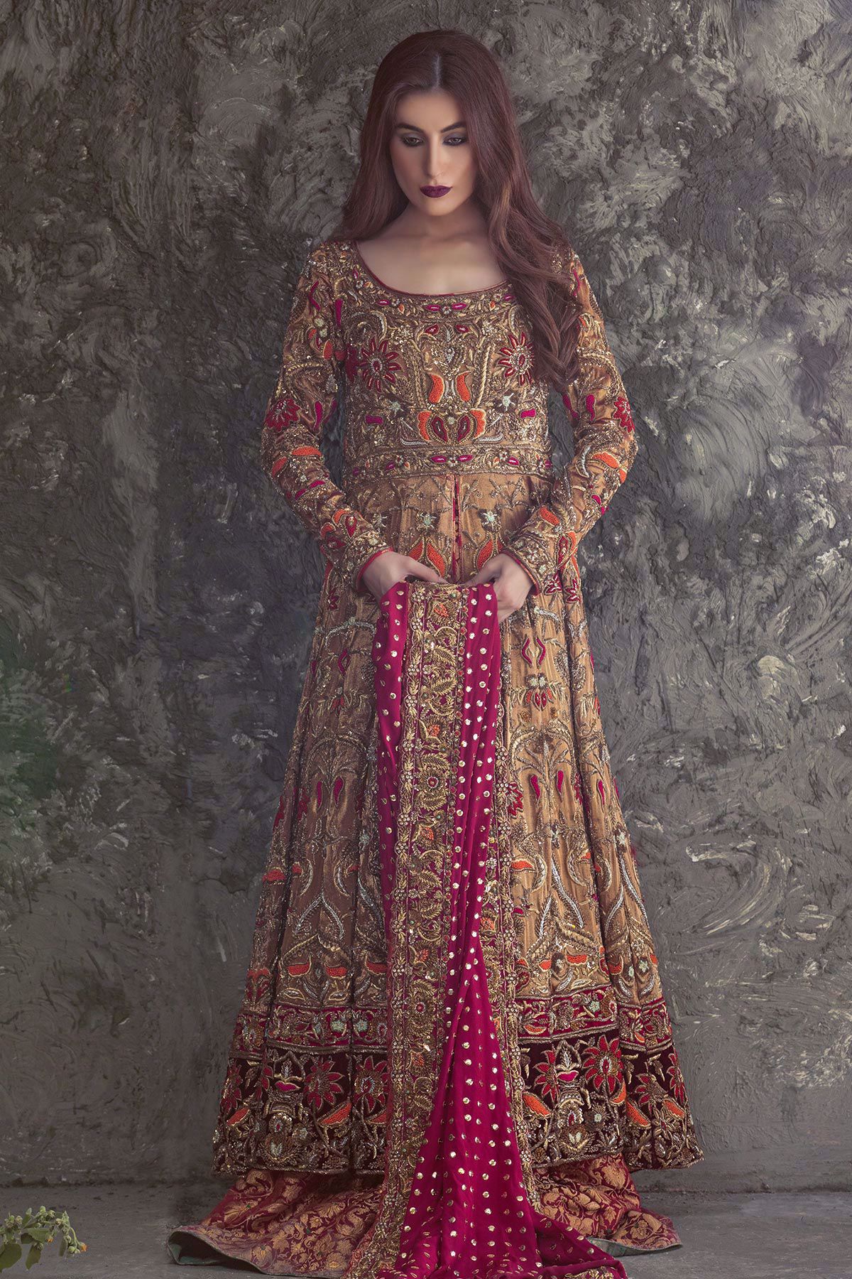 Pakistani Deep Maroon Zardozi Lame Silk Pishwas (2-Piece) - Image 1