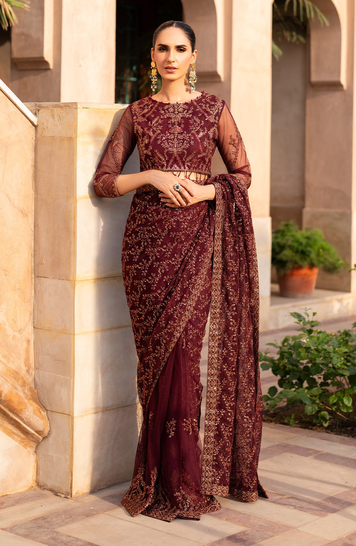 Deep Maroon Sequins Embroidered Net Pishwas (3-Piece) - Image 1