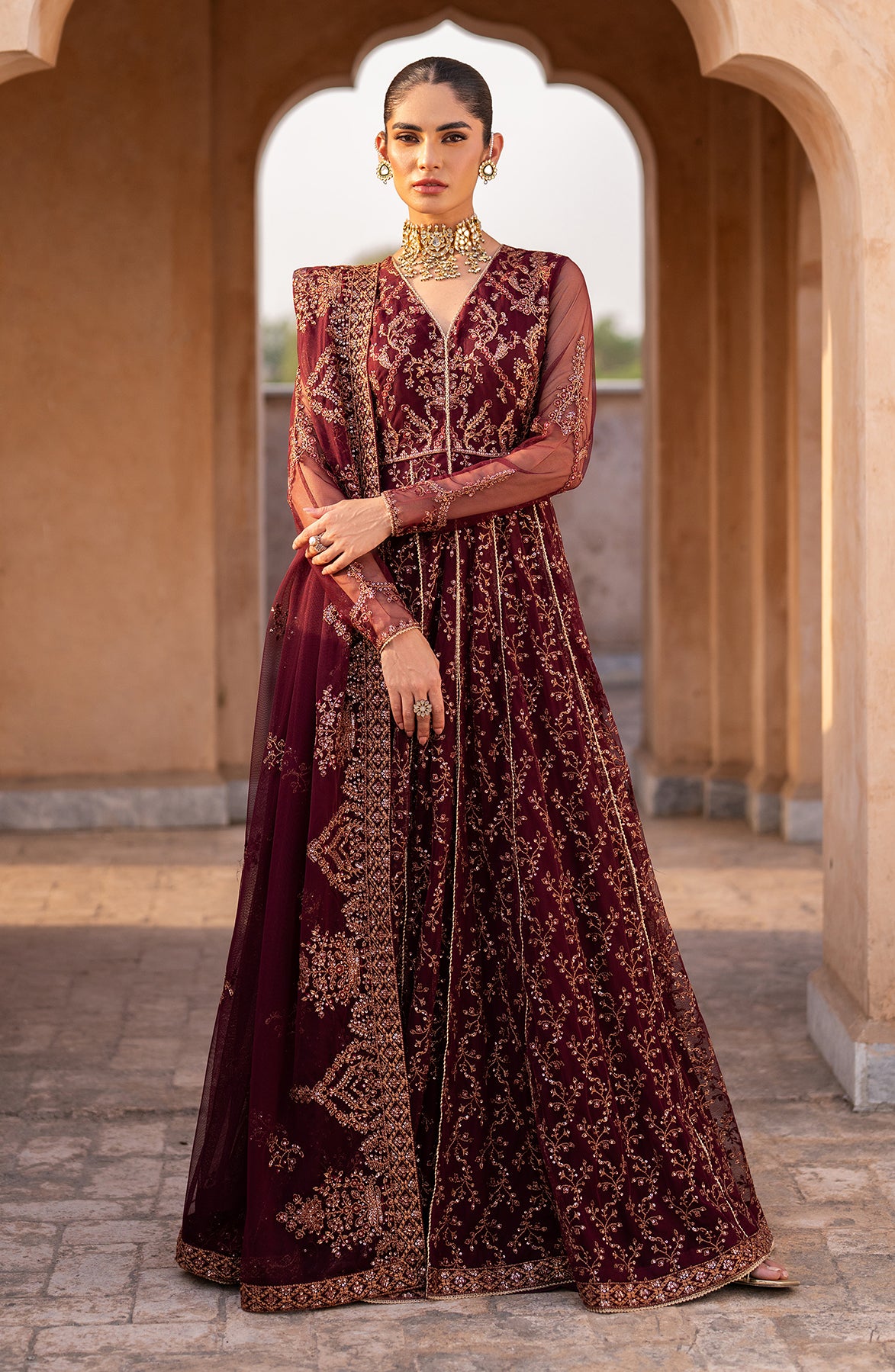 Deep Maroon Sequins Embroidered Net Pishwas (3-Piece) - Image 10